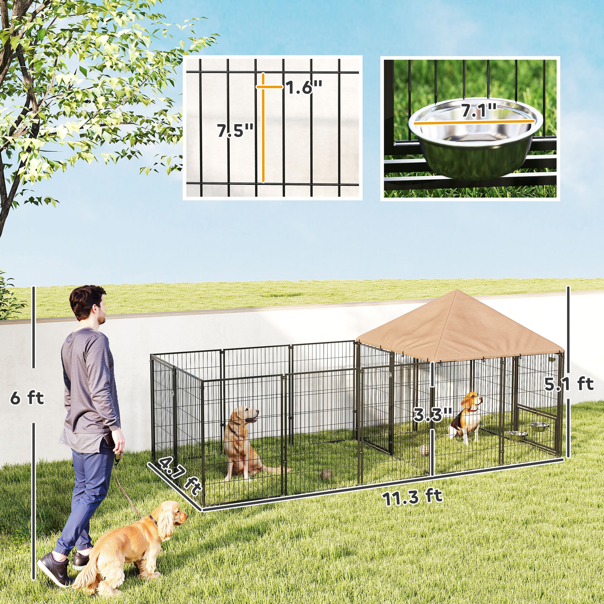 Large Outdoor Dog Kennel with Rotating & Adjustable Height Bowls, Waterproof & UV-Resistant Canopy, 11.3' x 4.7' x 5.1'