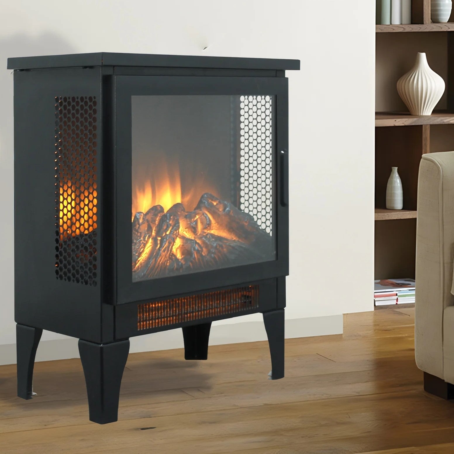 15" Freestanding Electric Fireplace Stove Heater with 3D Flame Effect, and Two-Speed Temperature Control, CSA/UL Certified, Antique Black