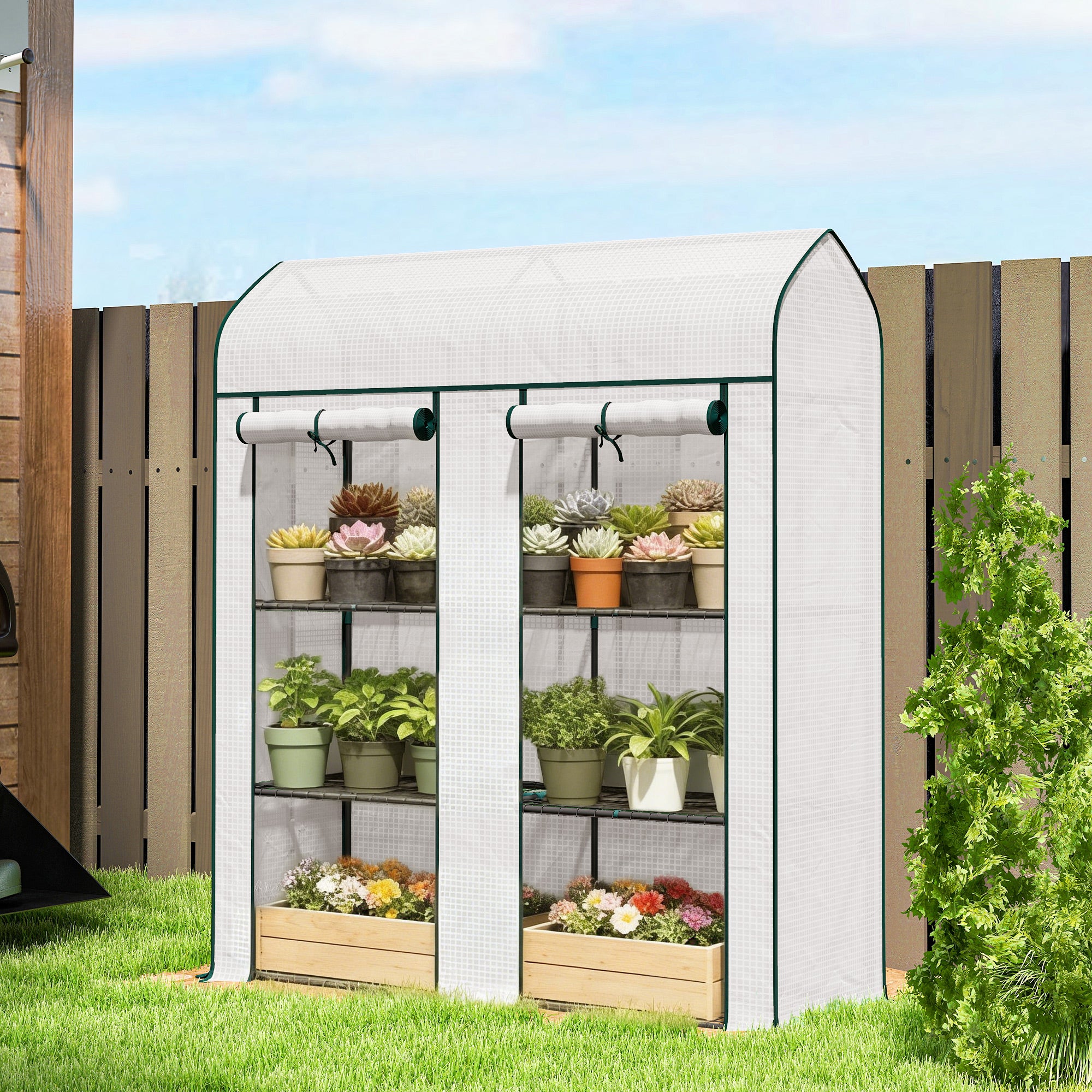 3 Tier Mini Greenhouse, Small Portable Greenhouse with 2 Roll-up Doors, 56.3" x 18.1" x 65", White