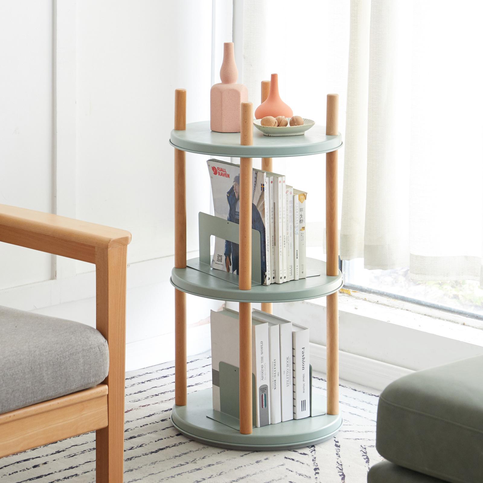 3-Tier Rotating Bookcase with Solid Beech Support Rod, Space-Saving Bookshelf with 6 Bookends, 16.5″ L x 16.5″ W x 33″ H, Blue