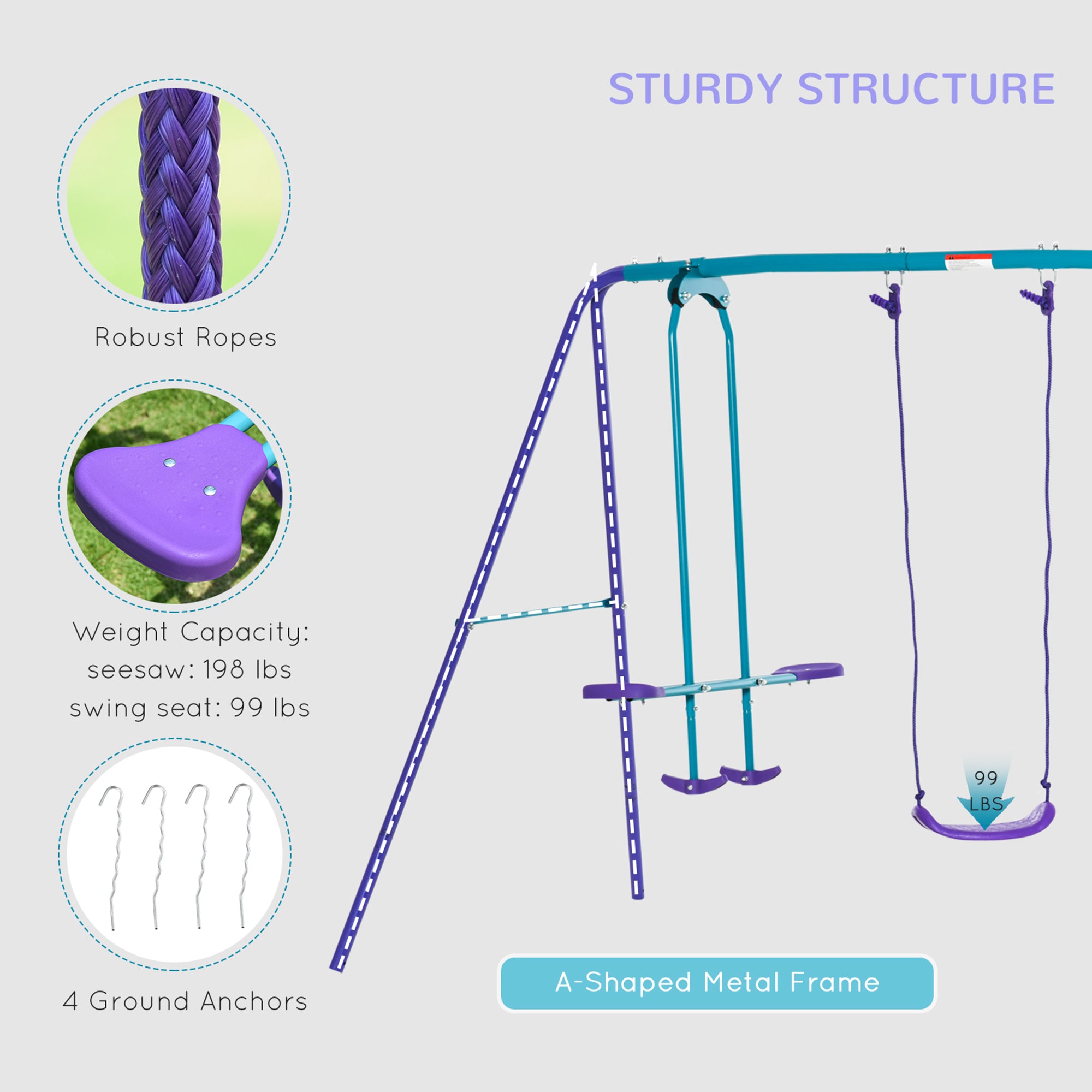 Metal Swing Set with Glider, Two S Seats and Adjustable Height, Outdoor Heavy Duty A-Frame Kids Playset Suitable for Playground, Backyard, Purple