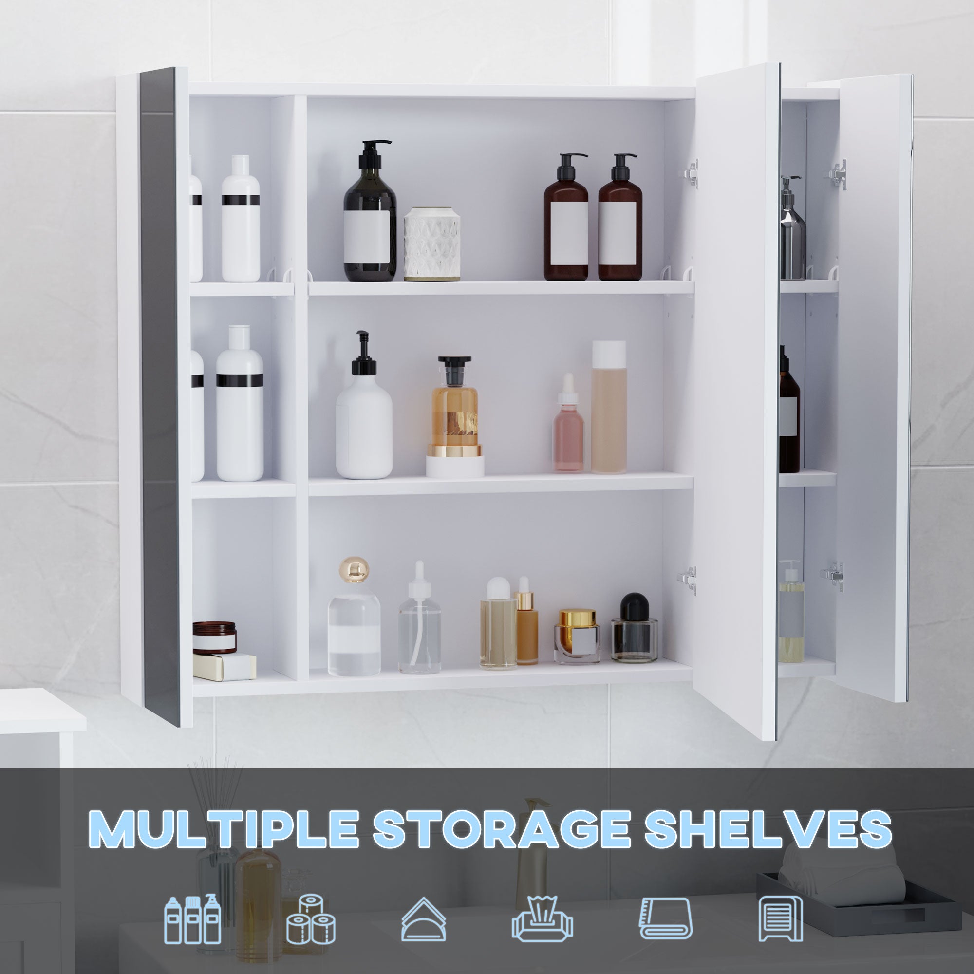 LED Medicine Cabinet, Wall-Mounted Bathroom Vanity Mirror Organizer with Dimmer Touch Switch, USB Charged, White