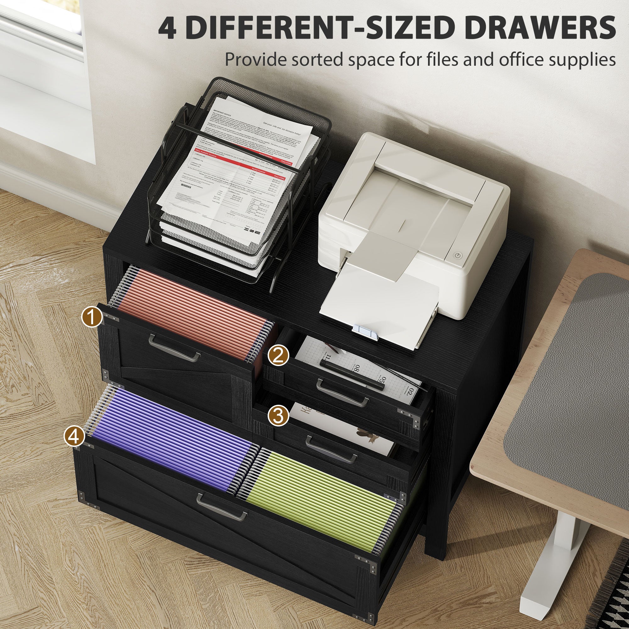 Lateral Filing Cabinet, Farmhouse File Cabinet with 4 Drawers, Fit Letter/A4/Legal Hanging Files, Black