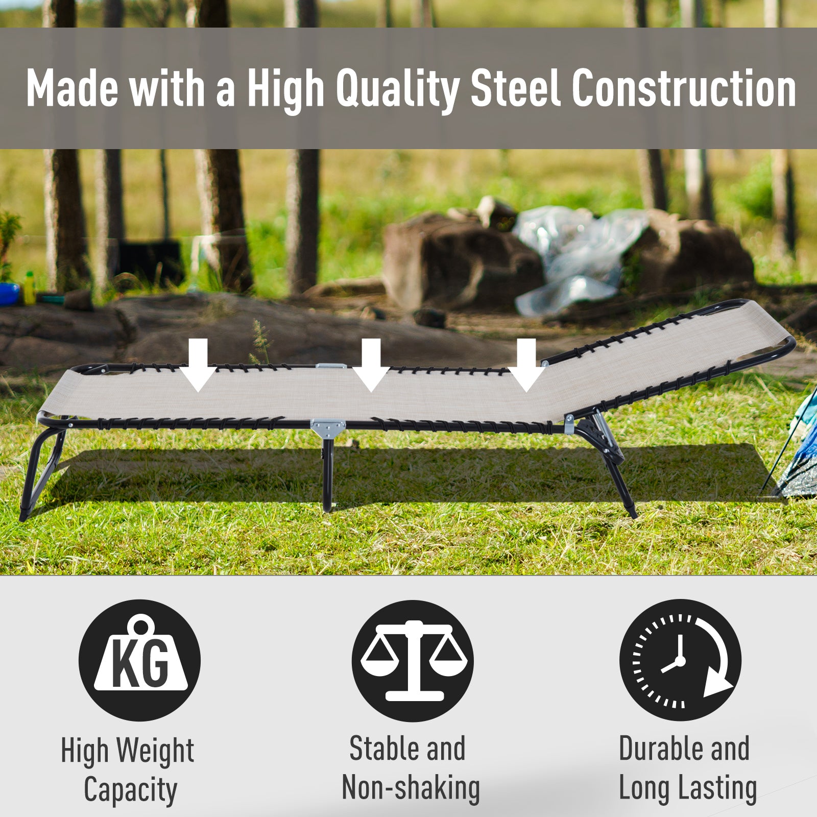 Foldable Chaise Lounge, 3-Position Reclining Back, Portable design and Breathable Mesh for Poolside, Camping, Hiking - Cream White