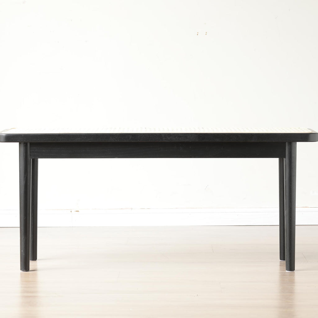 Modern Solid Oak Wood Bench with Handwoven Rattan Seat, Versatile Dining Stool with Sturdy Rounded Legs, 39.5″ L x 11″ W x 17″ H, Black