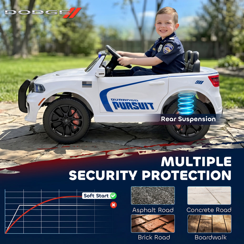 Licensed Ride On Police Car for Kids with 2 Seater, Remote, Suspension, Flashing Lights, Siren for Ages 3-6, White