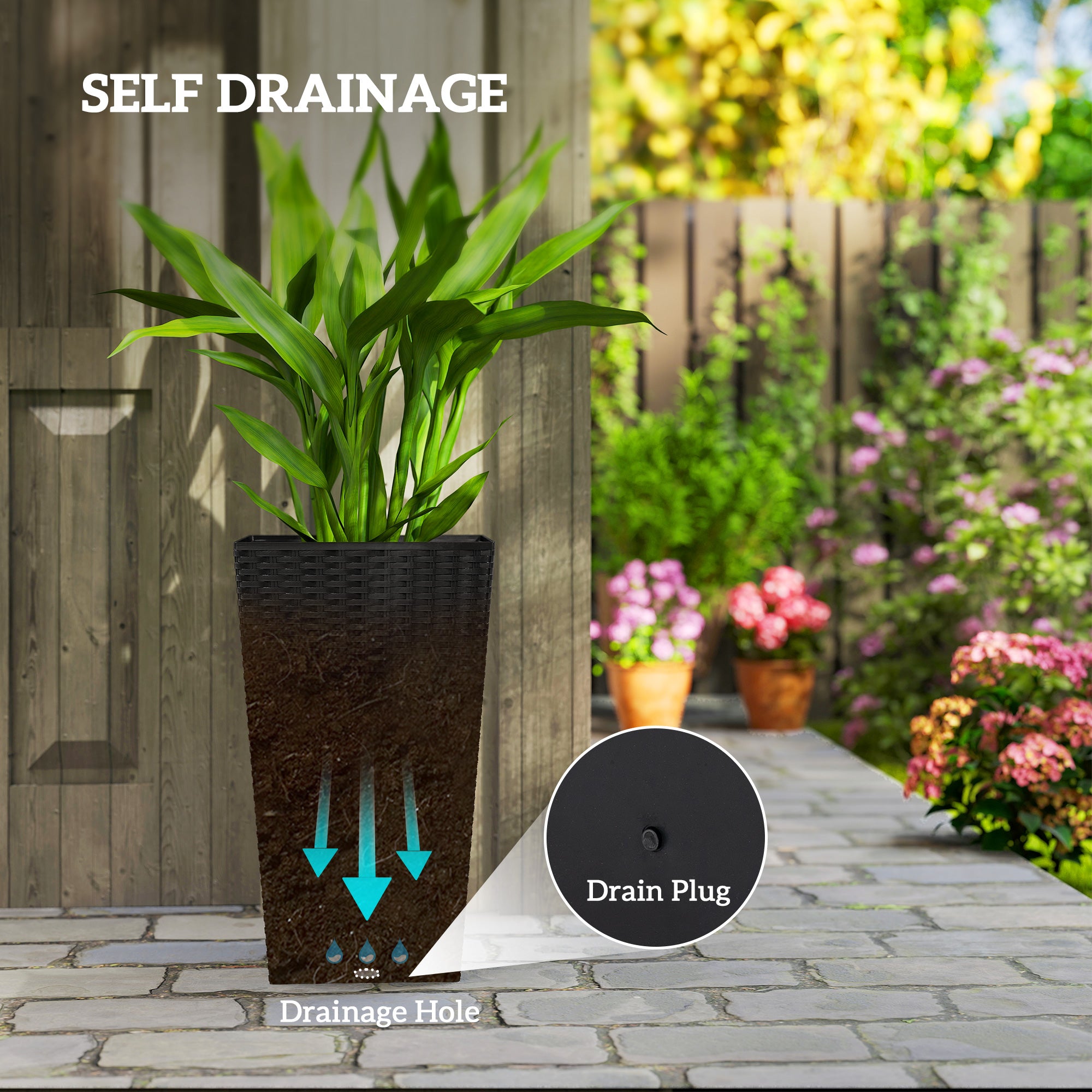 Tall Planters for Outdoor Plants Set of 3, 24 In Taper Planters with Drainage Holes, Rattan Decor Plant Pots for Indoor Outdoor Front Porch Patio Backyard, Black