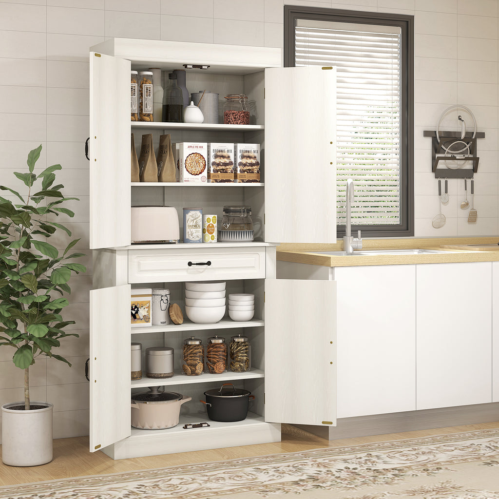 71" Freestanding Kitchen Pantry with 4 Doors and 2 Large Cabinets, Tall Storage Cabinet with Drawer, Distressed White