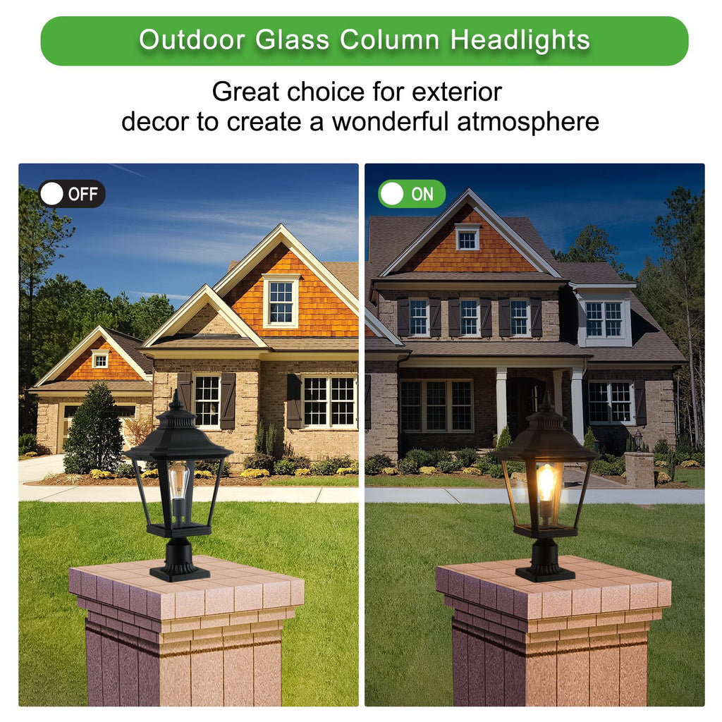 Outdoor Post Lantern Light with Pathway Lighting, Vintage Metal, Clear Glass Pillar Lamp for Garden, Gate, Driveway, 11" L x 11" W x 21" H, Black