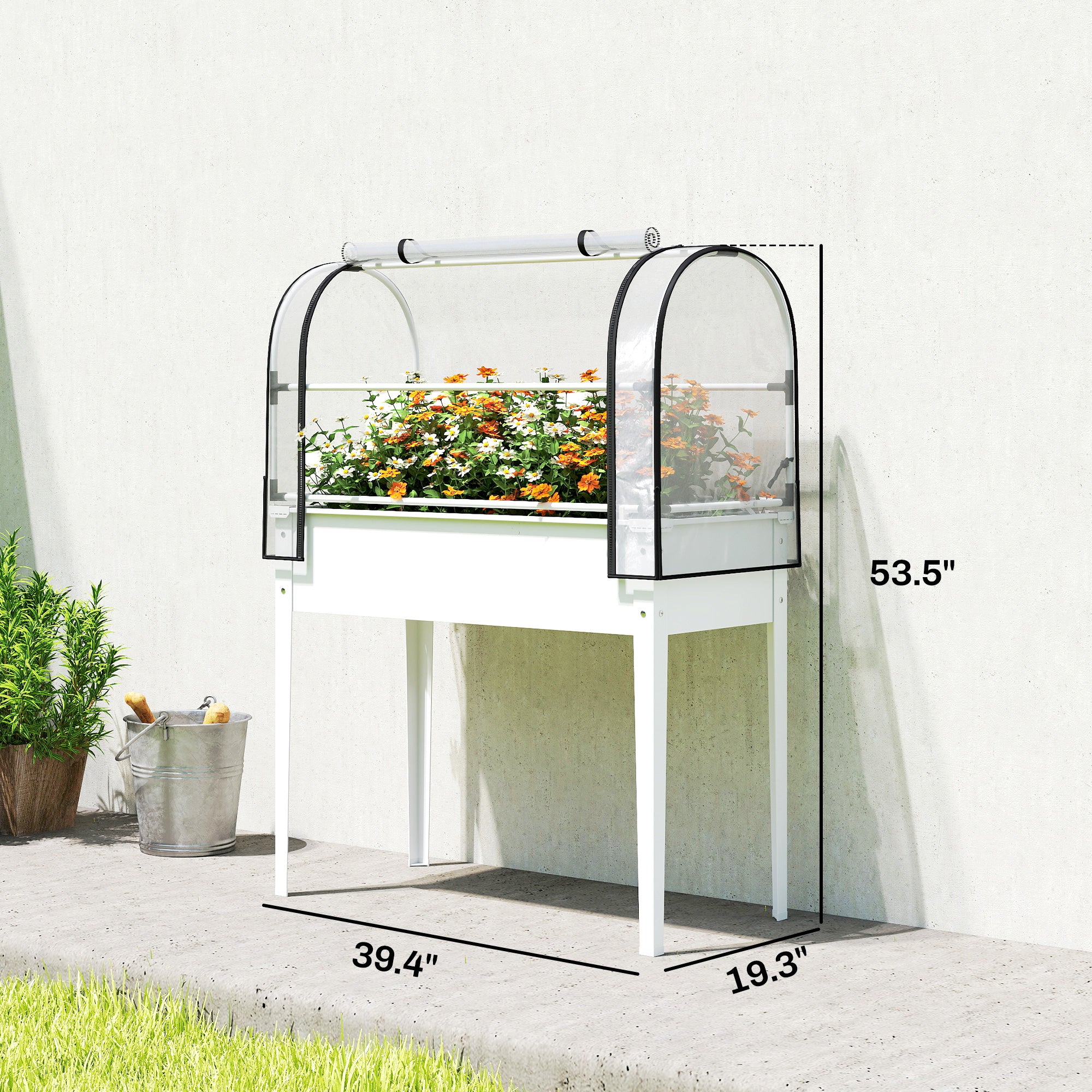Raised Garden Bed with Flip-Up Greenhouse Cover, Metal Elevated Garden Bed with Legs and Drainage Hole, White