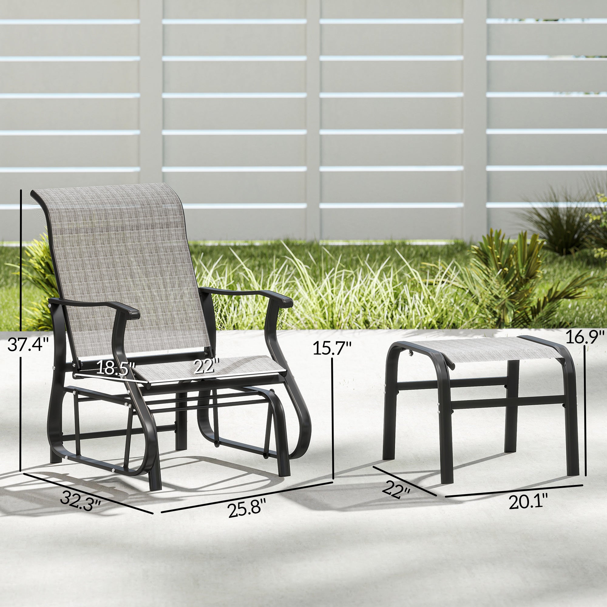 Outdoor Glider with Ottoman, Patio Glider Chair Set with High Back, Wide Seat for Porch, Garden, Backyard, Gray