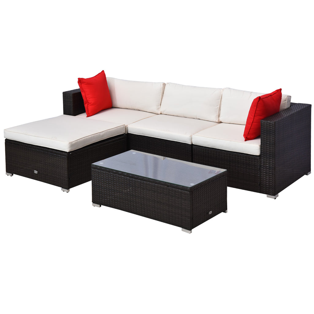 5-Piece Patio Furniture Set with Cushions, Outdoor PE Rattan Wicker Sofa Set, Sectional Furniture with Pillows, Glass Coffee Table for Garden, Backyard, Brown/Cream White