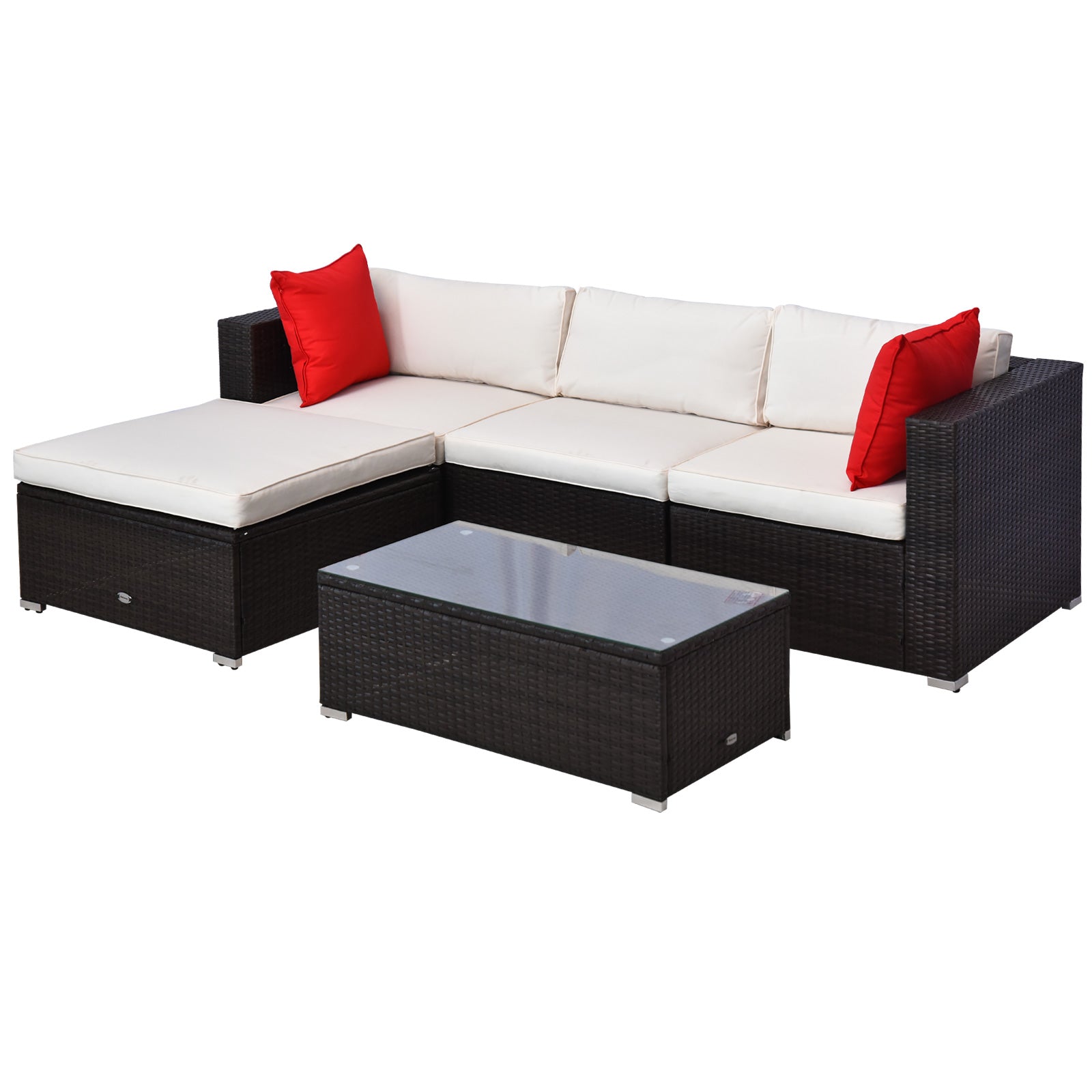 5-Piece Patio Furniture Set with Cushions, Outdoor PE Rattan Wicker Sofa Set, Sectional Furniture with Pillows, Glass Coffee Table for Garden, Backyard, Brown/Cream White