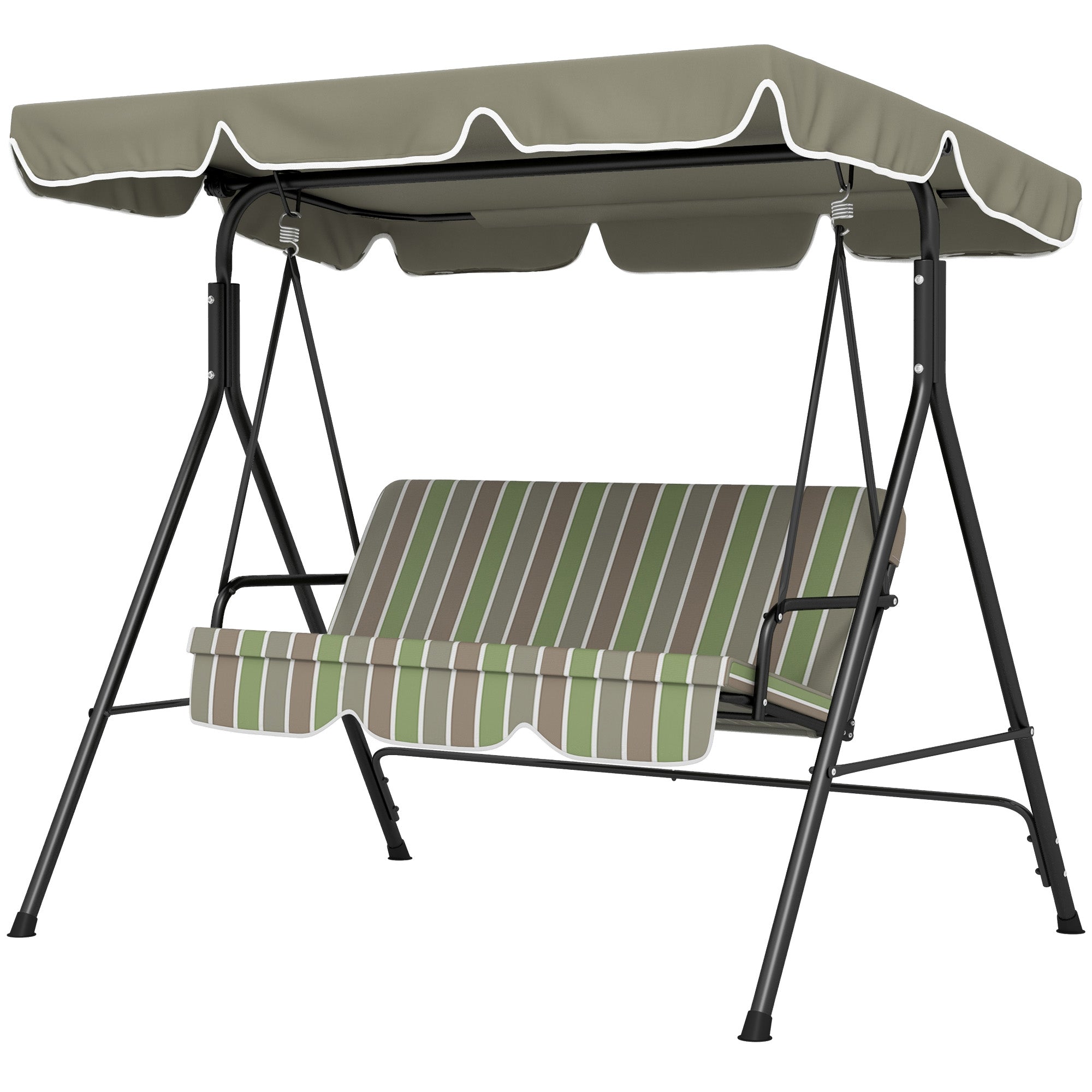 3-Seat Outdoor Patio Swing Chair w/ Cushion, Steel Frame Stand, Adjustable Tilt Canopy for Patio, Garden, Beige & Green