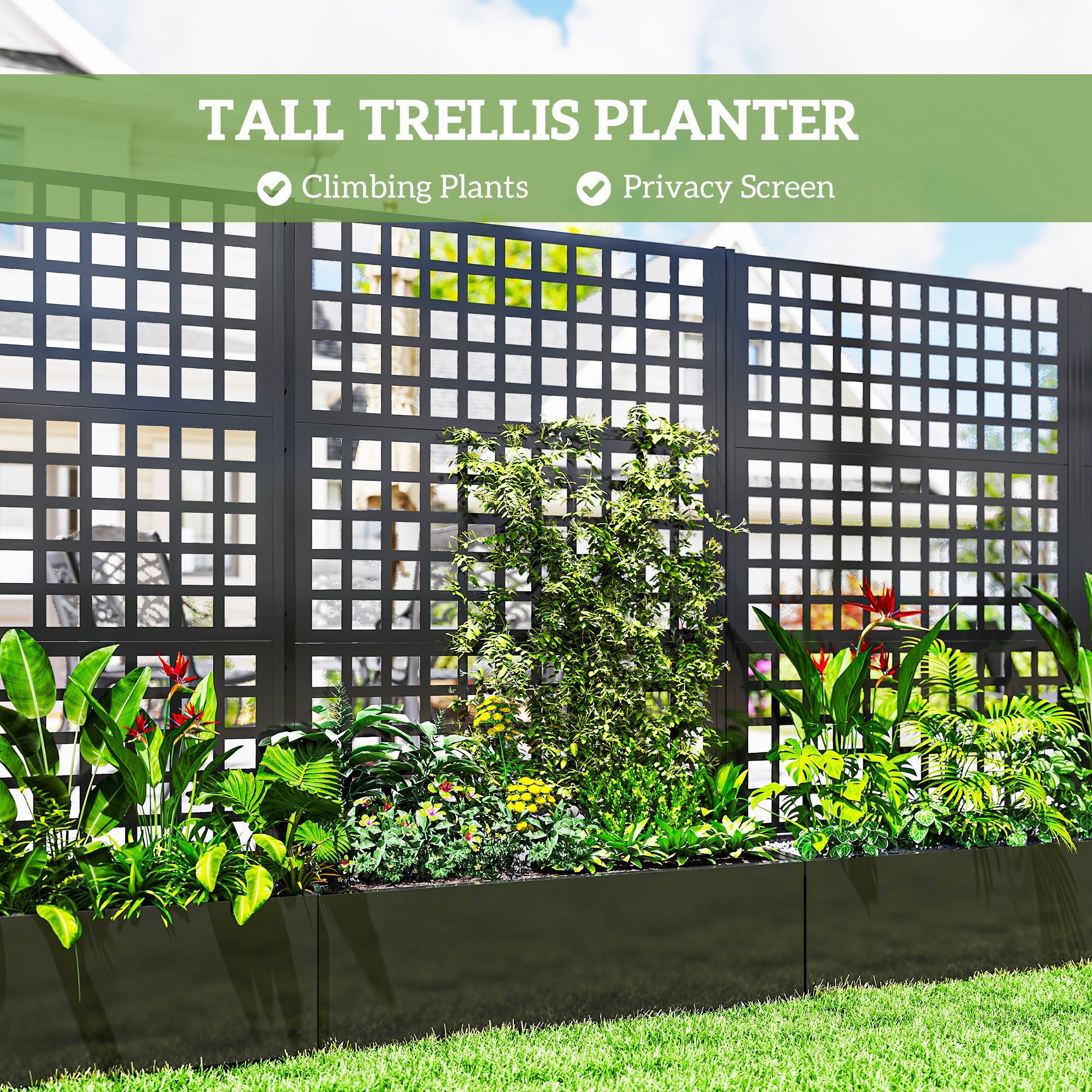 Galvanized Raised Garden Bed Planter Box with Trellis for Climbing Plants, Vegetable, Vines, 43" x 16" x 70", Black