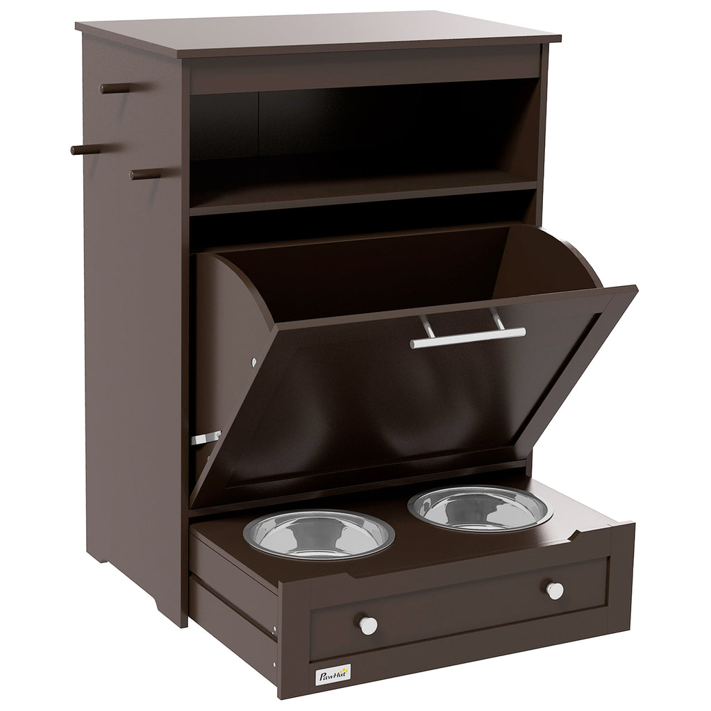 Pet Feeder Station Storage Cabinet, Dog Food Storage Container with Dog Raised Bowls, Watering Supplies, Gray