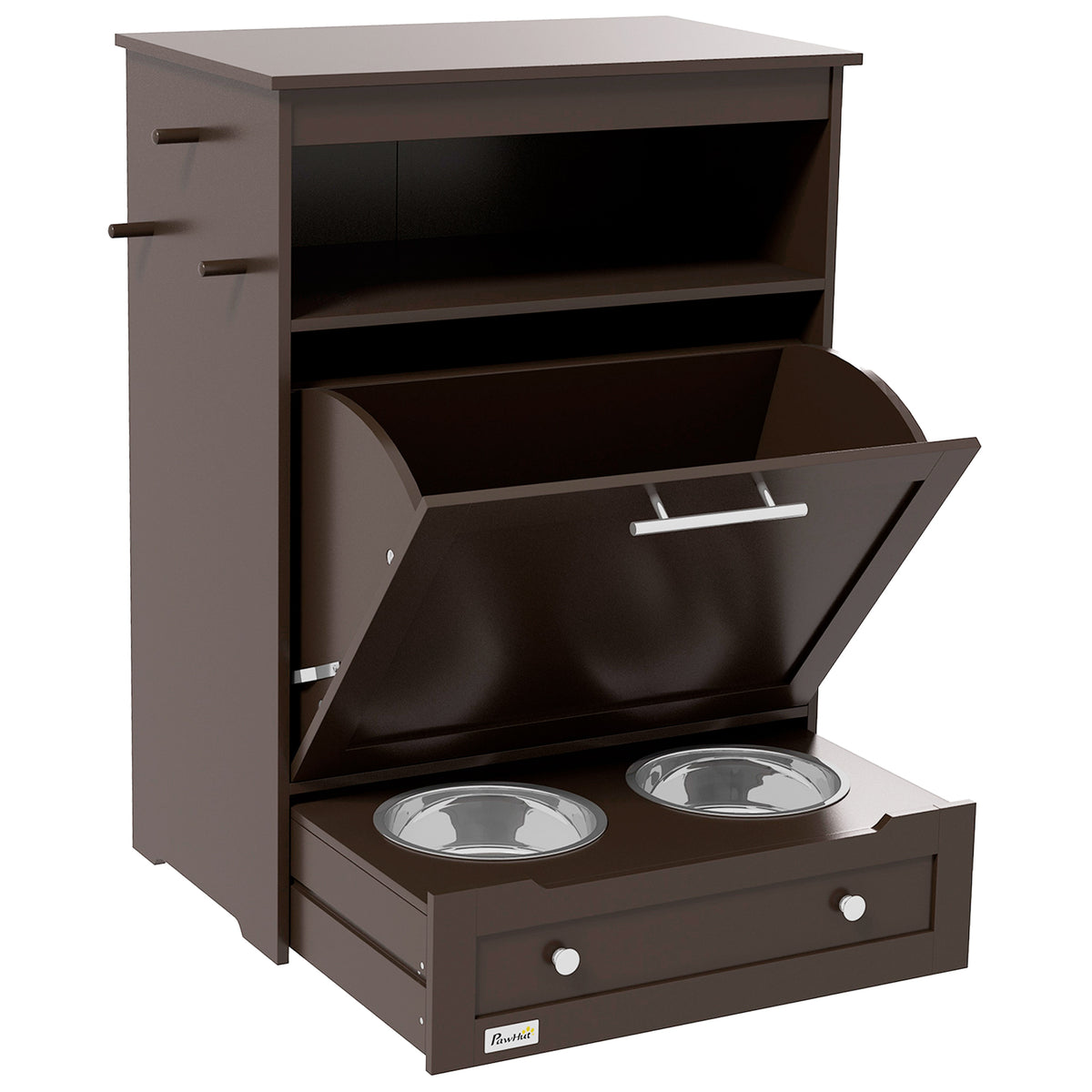 Pet Feeder Station Storage Cabinet, Dog Food Storage Container with Dog Raised Bowls, Watering Supplies, Gray