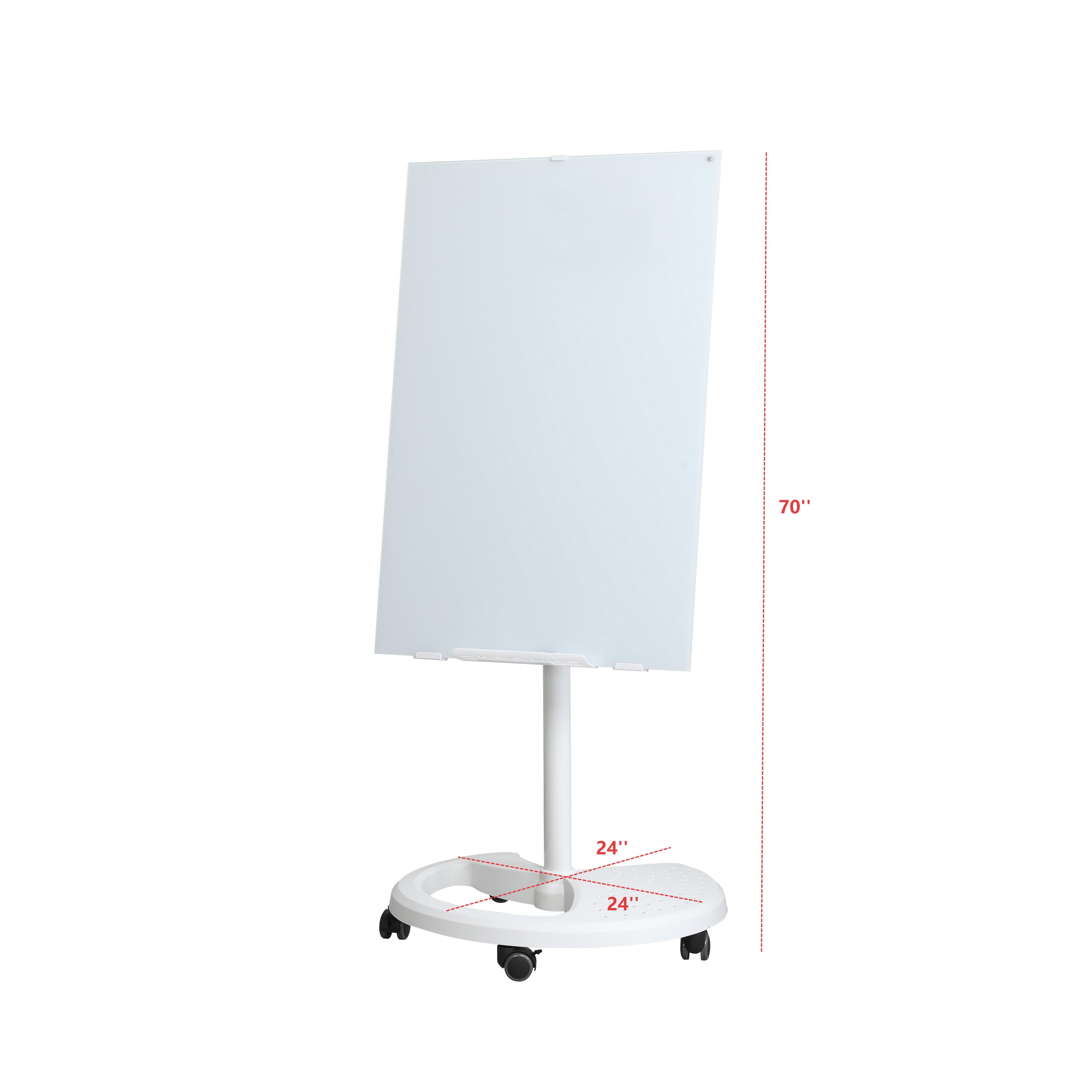 Magnetic Tempered Glass Dry Erase Board with 2 Magnets, 2 Markers & Eraser, White Panel with Locking Casters, 24" L x 24" W x 70" H, White