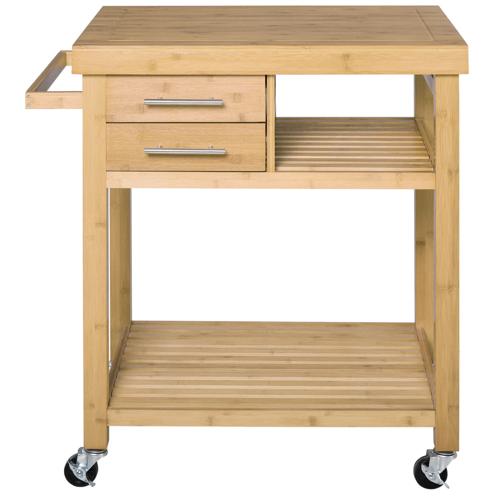 Bamboo Kitchen Island Cart on Wheels, Utility Trolley Cart with 2 Storage Drawers and Open Shelves, Bamboo Tone