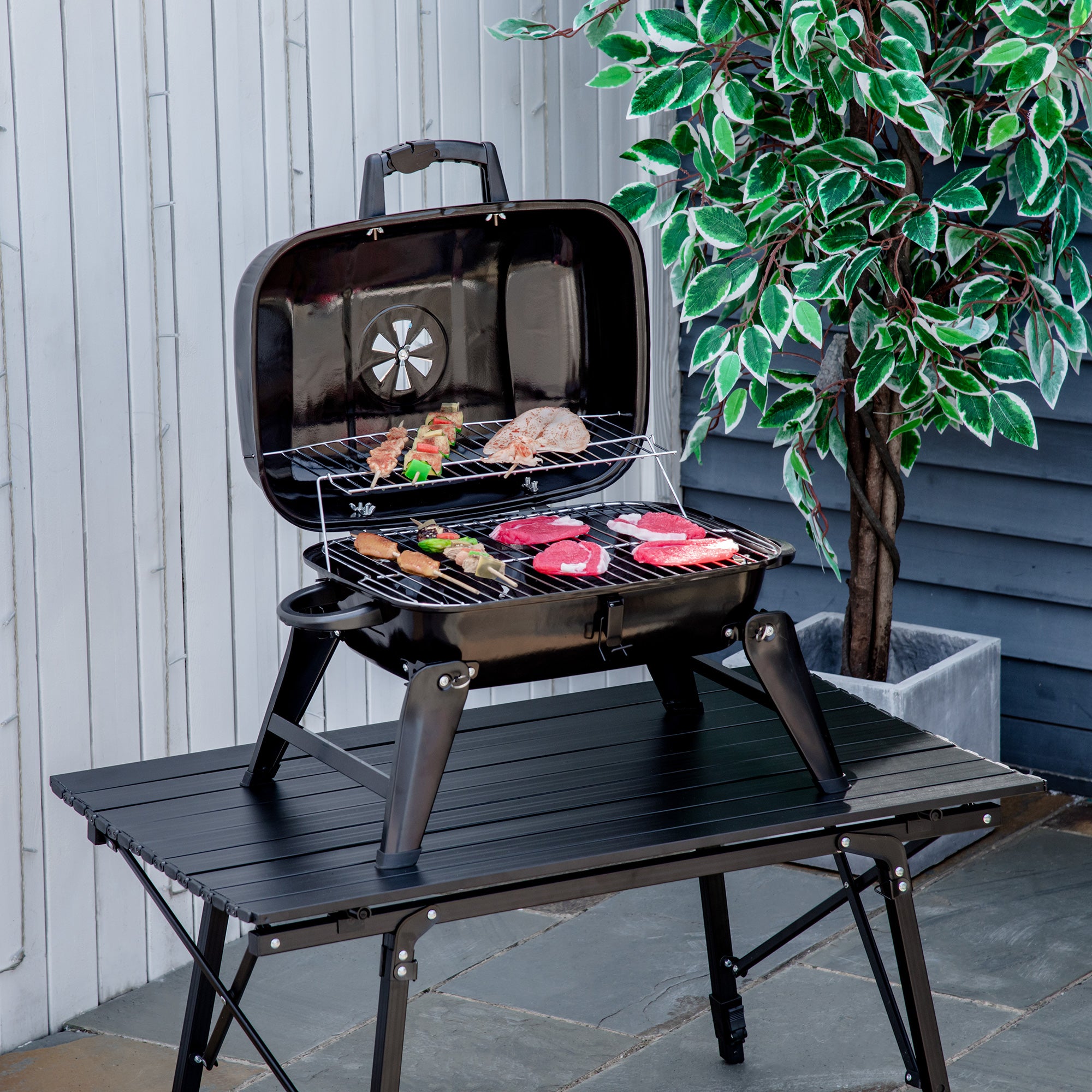 14" Portable Grill, Small Charcoal Grill for Outdoor Cooking, BBQ, Camping, Enamel Coated, Folding Legs, Black