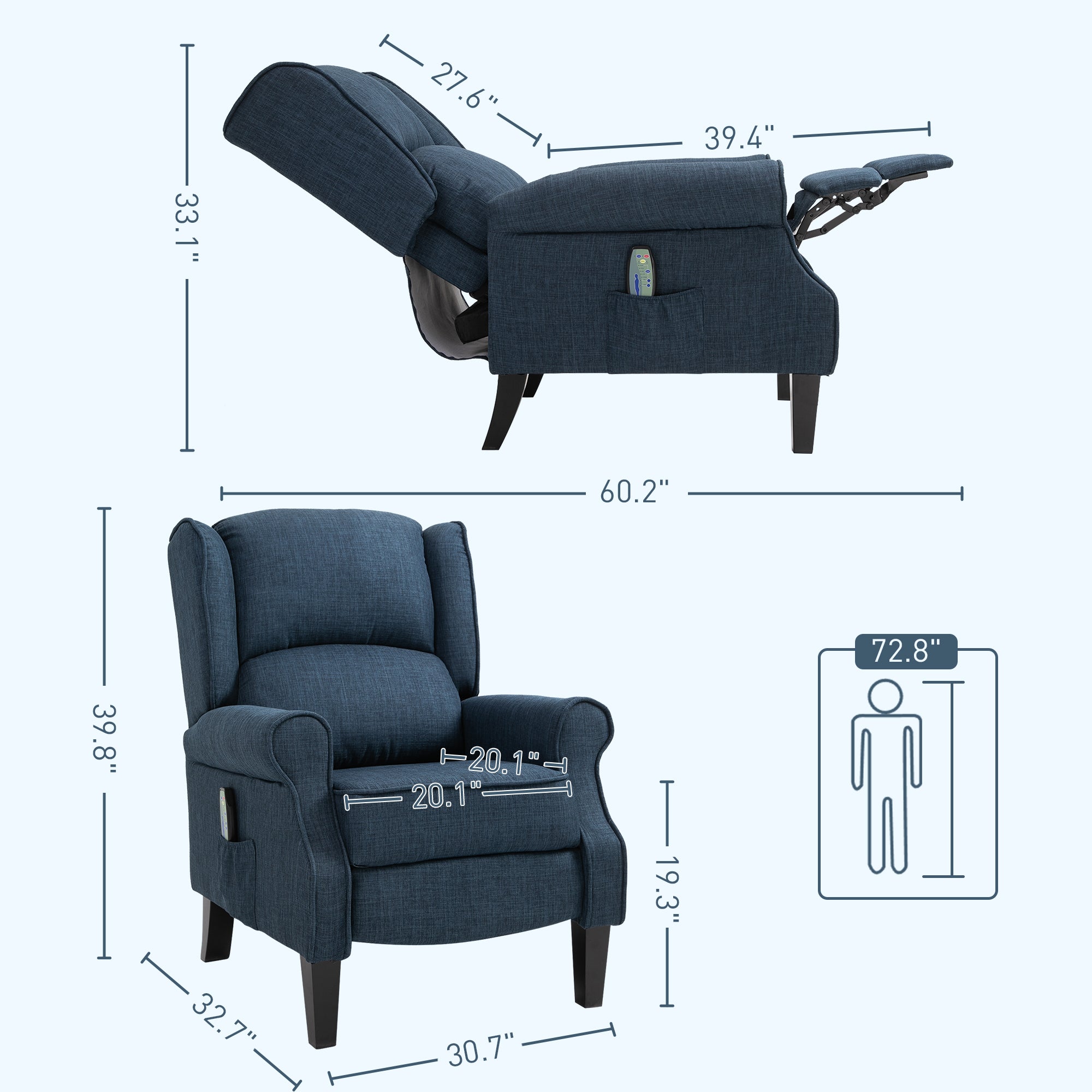Vibration Massage Recliner Chair for Living Room with Heat, Wingback Single Sofa, Modern Linen Fabric Push Back Reclining Chair with Footrest, Side Pocket, Dark Blue