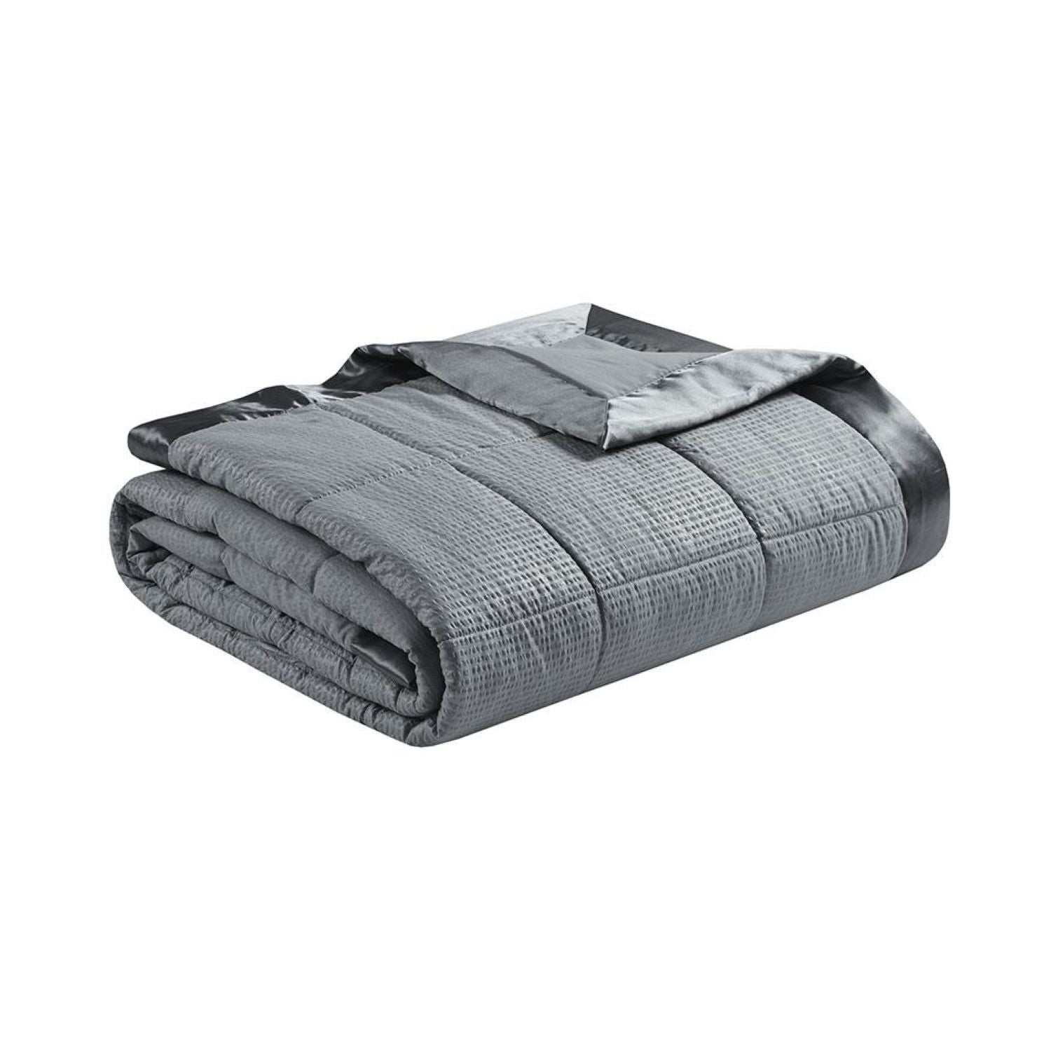 Hypoallergenic Oversized Down Alternative Blanket with Satin Trim, Embossed Texture, for Full and Queen Beds, 96" L x 90" W x 0.25" H, Charcoal