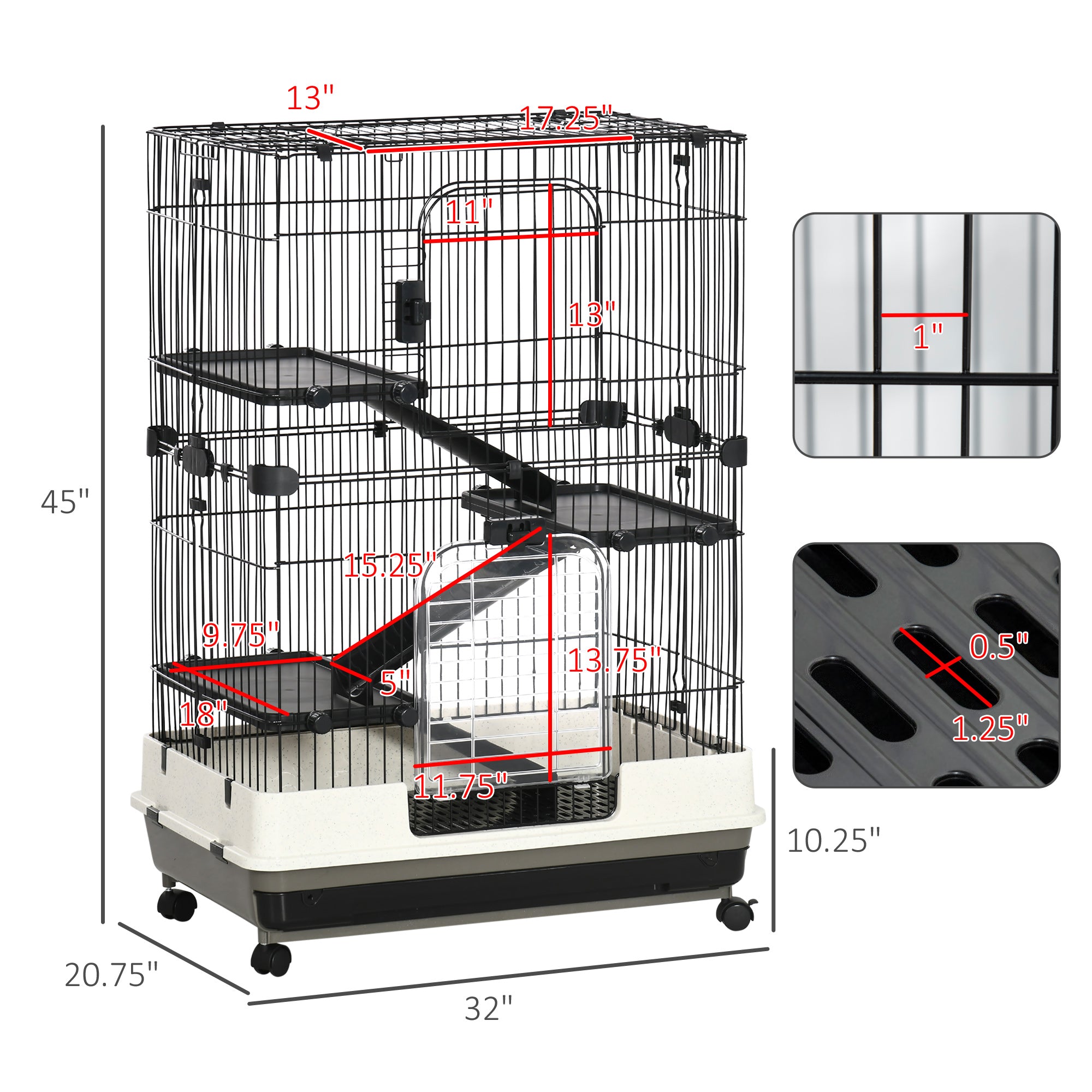 32"L 4-Level Small Animal Cage Rabbit Hutch with Universal Lockable Wheels, Slide-out Tray for Bunny, Chinchillas, Ferret, Black