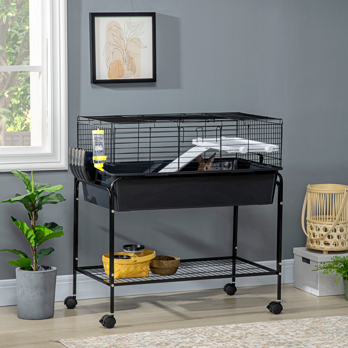 Two-Story Small Animal Cage Removable from Stand, Pet Habitat with Shelf & Wheels, 33" x 18.5" x 35", Charcoal Gray