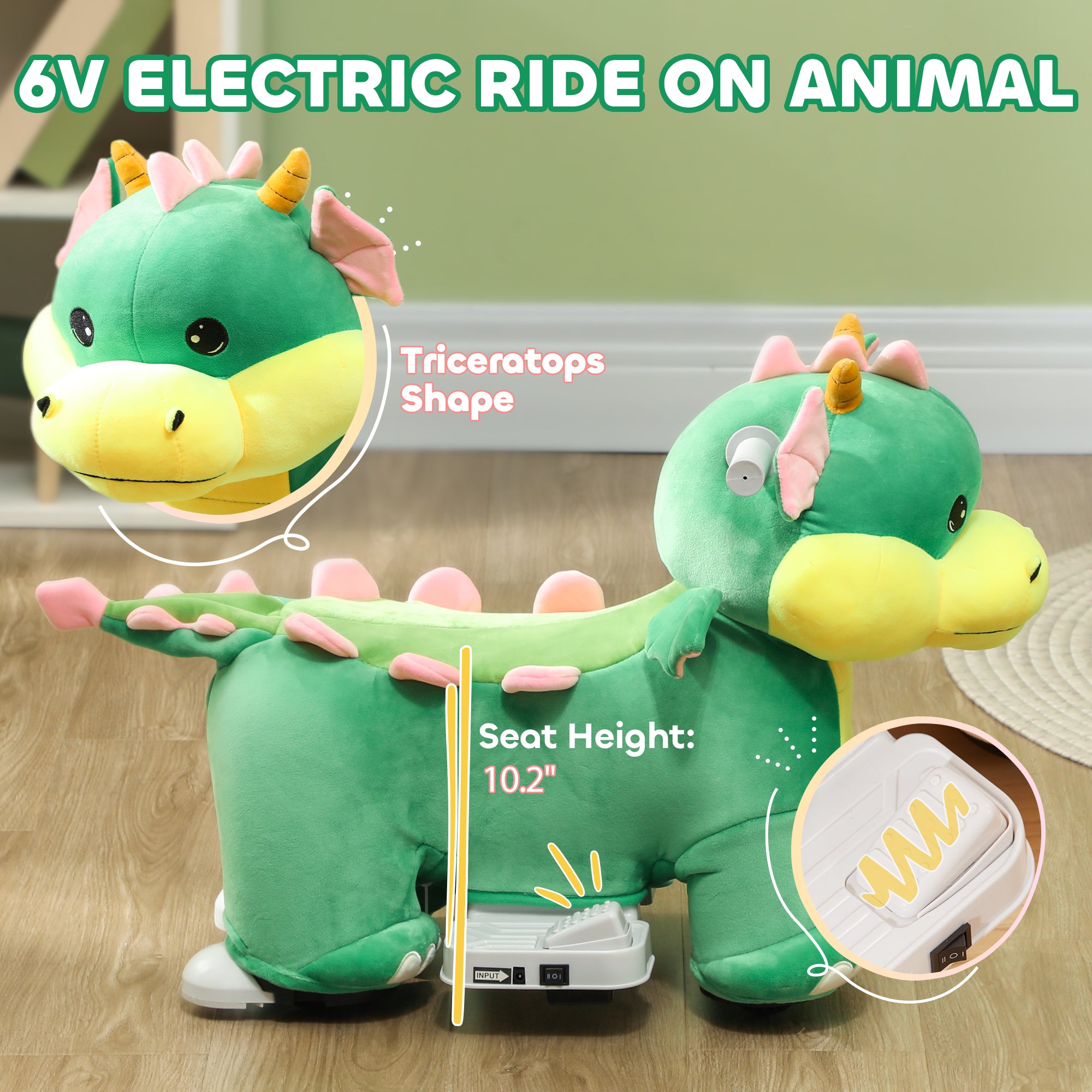 Battery Powered Ride on Toy, 6V Ride on Horse with Music Forward, PU Wheels, for 18-36 Months, Green