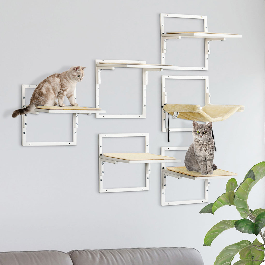 Cat Shelves for Indoor Cats, 6Pc Modern Cat Wall Furniture with Adjustable Height Jumping Platforms & Hammock, Cream White