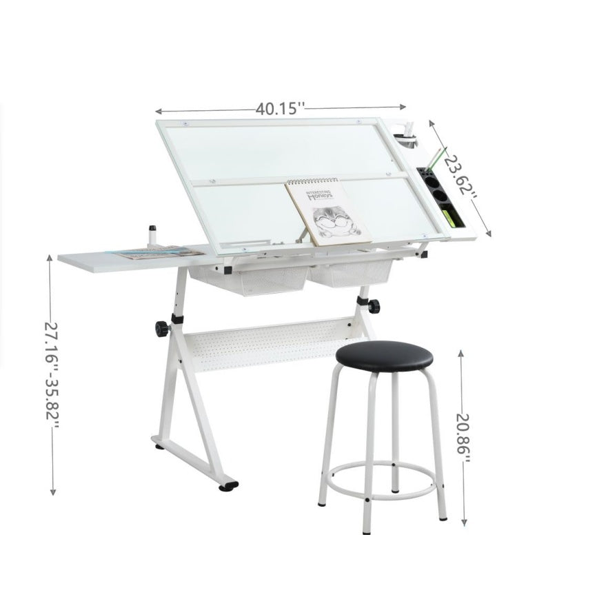 Adjustable Tempered Glass Drafting Table with 2 Metal Drawers, Chair, Powder-Coated Steel Frame Desk for Kids, 40" L x 23.5" W x 27.5" H, White