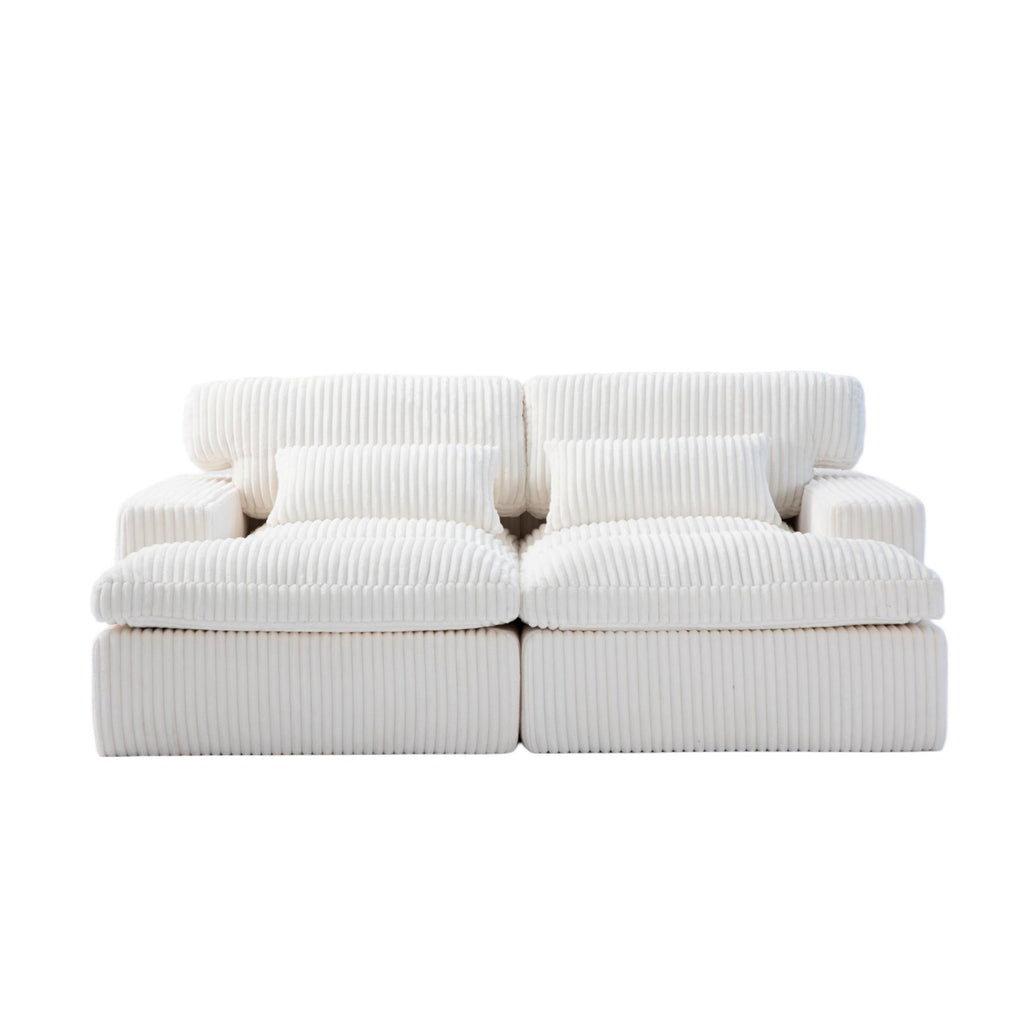 Deep Seat Sofa Double Chaise Lounge Chair with Corduroy Fabric, Compressed Sofa Sectional Loveseat for Apartments, 82.5'' L x 57'' W x 23.5'' H, White