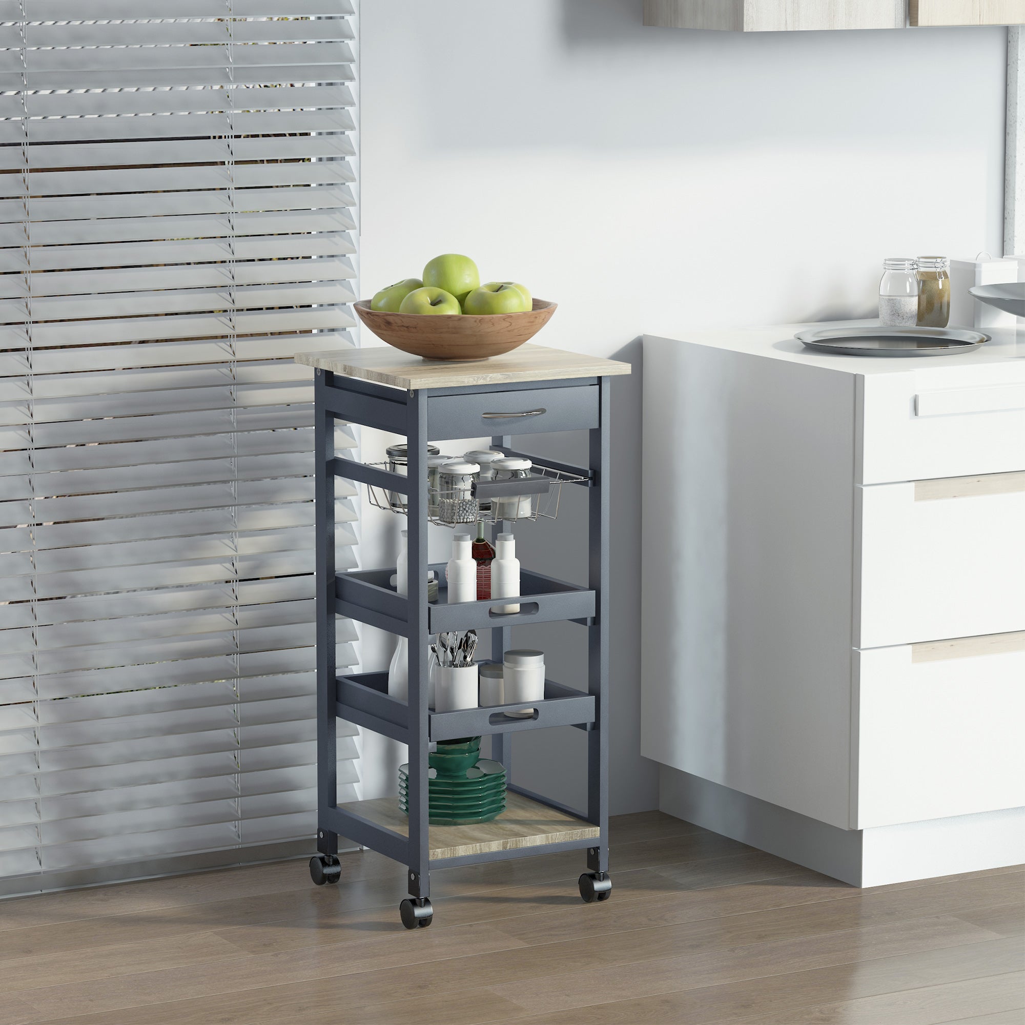 Mobile Kitchen Cart, Rolling Kitchen Island with Storage, Utility Cart with Wire Fruit Baskets, Trays and Drawer, Gray
