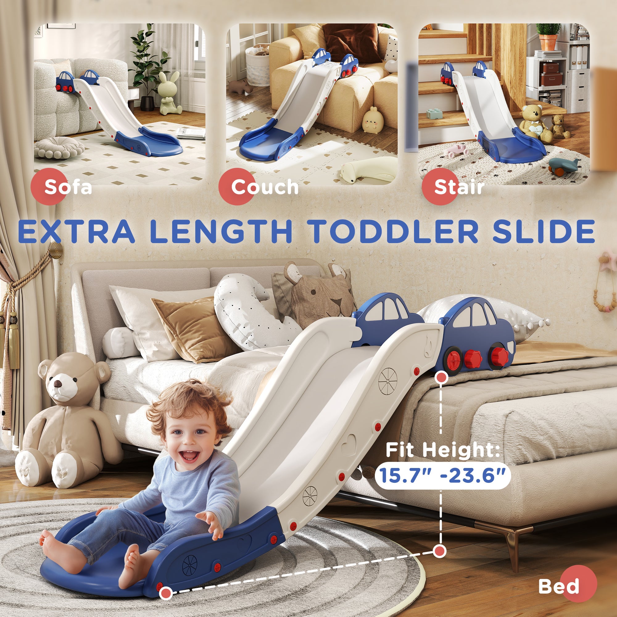 Extra Length Toddler Slide for Bed, Sofa, Easy to Assemble, Blue