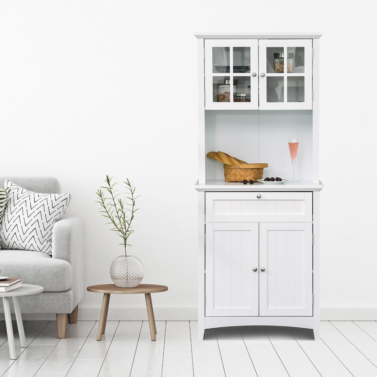 Kitchen Buffet Hutch Cabinet, Freestanding Kitchen Pantry Storage Cabinet Cupboard with Framed Glass Door, Drawer and Microwave Space, White
