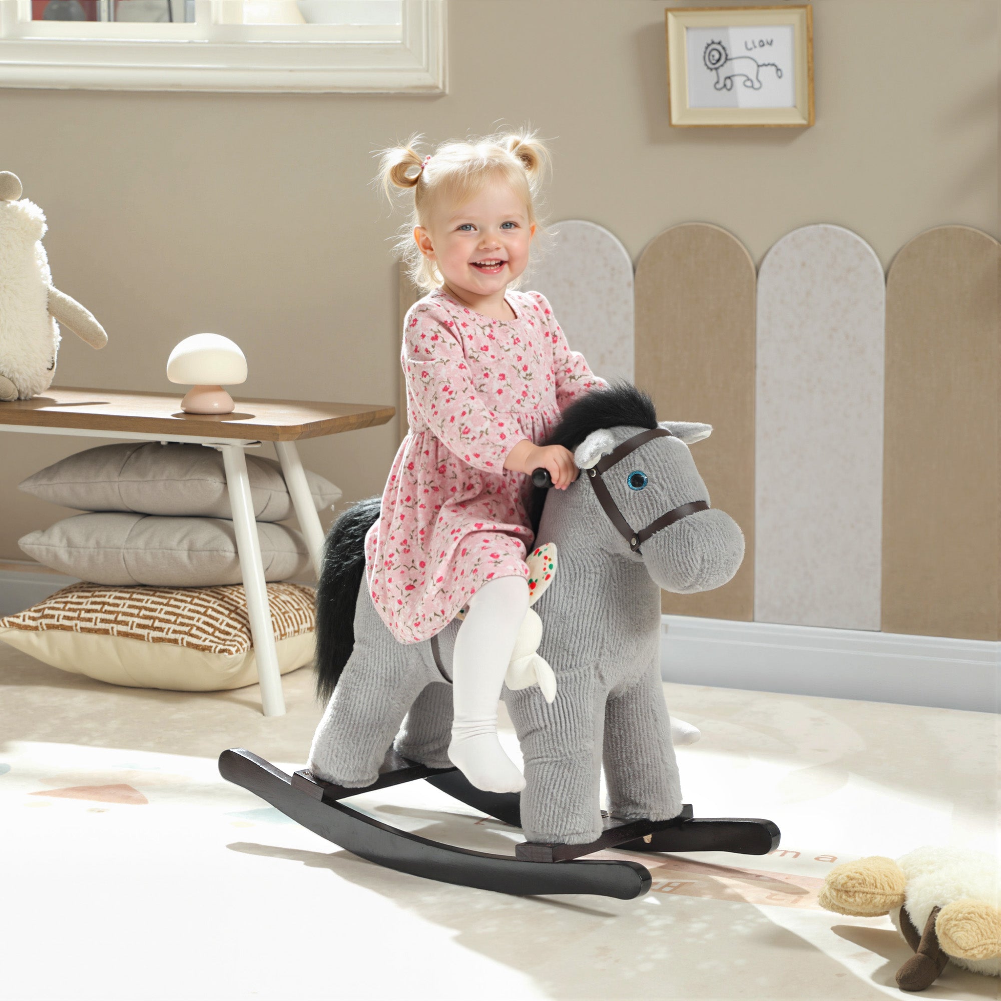 Kids Rocking Horse, Plush Toddler Ride on Toy with Realistic Neigh and Toy for 2–5 Years Old, Gray