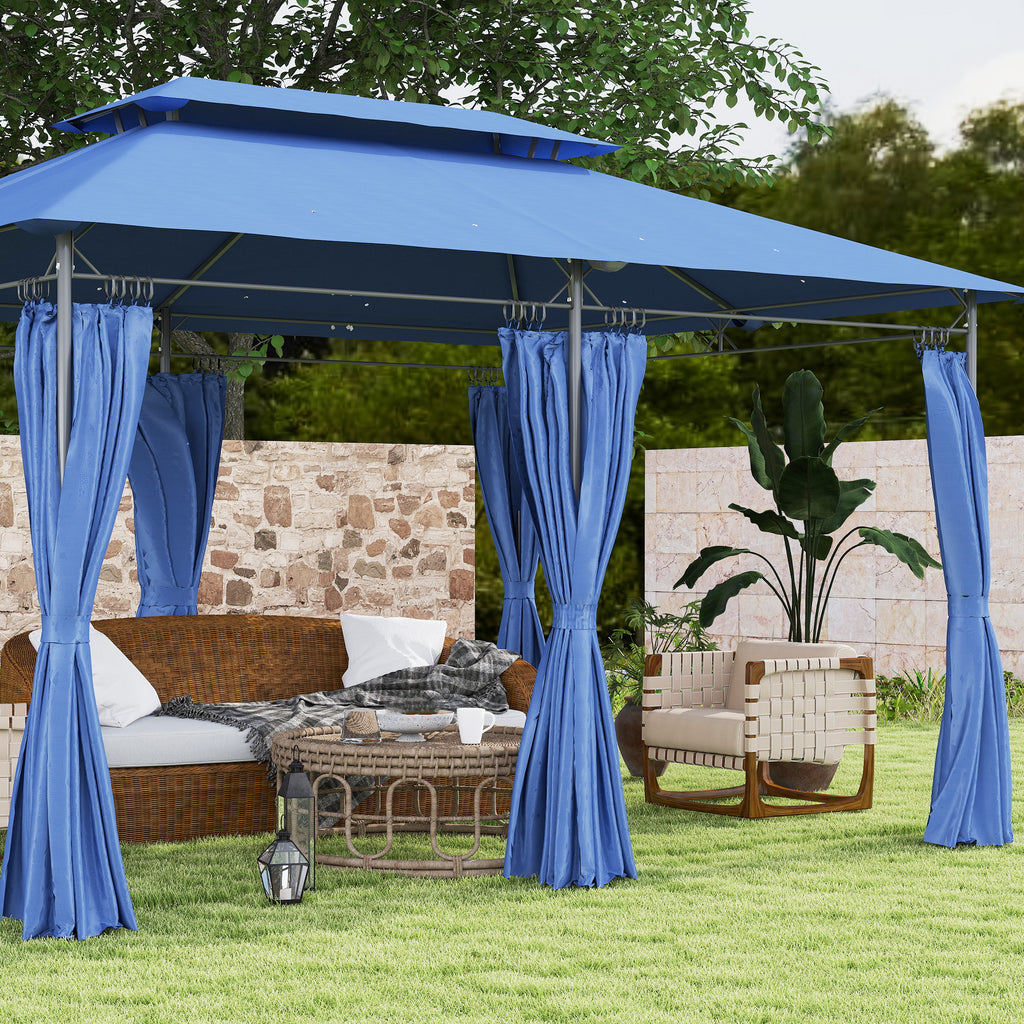10' x 13' Double Roof Patio Gazebo, Outdoor Gazebo with Curtains, for Garden, Lawn, Backyard and Deck, Dark Blue