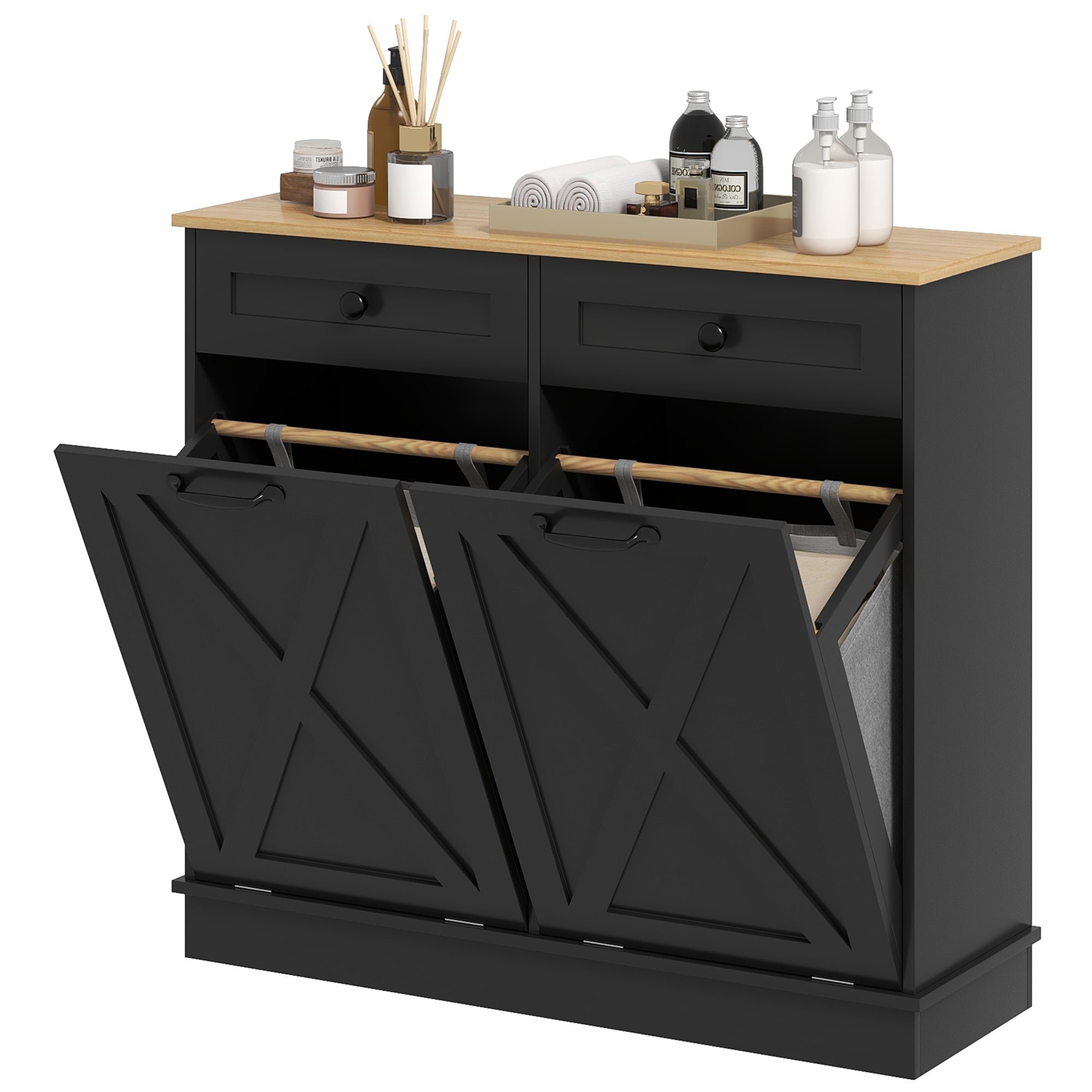 Tilt Out Laundry Hamper Cabinet, Bathroom Storage Cabinet with 2 Removable Baskets and 2 Drawers, Black