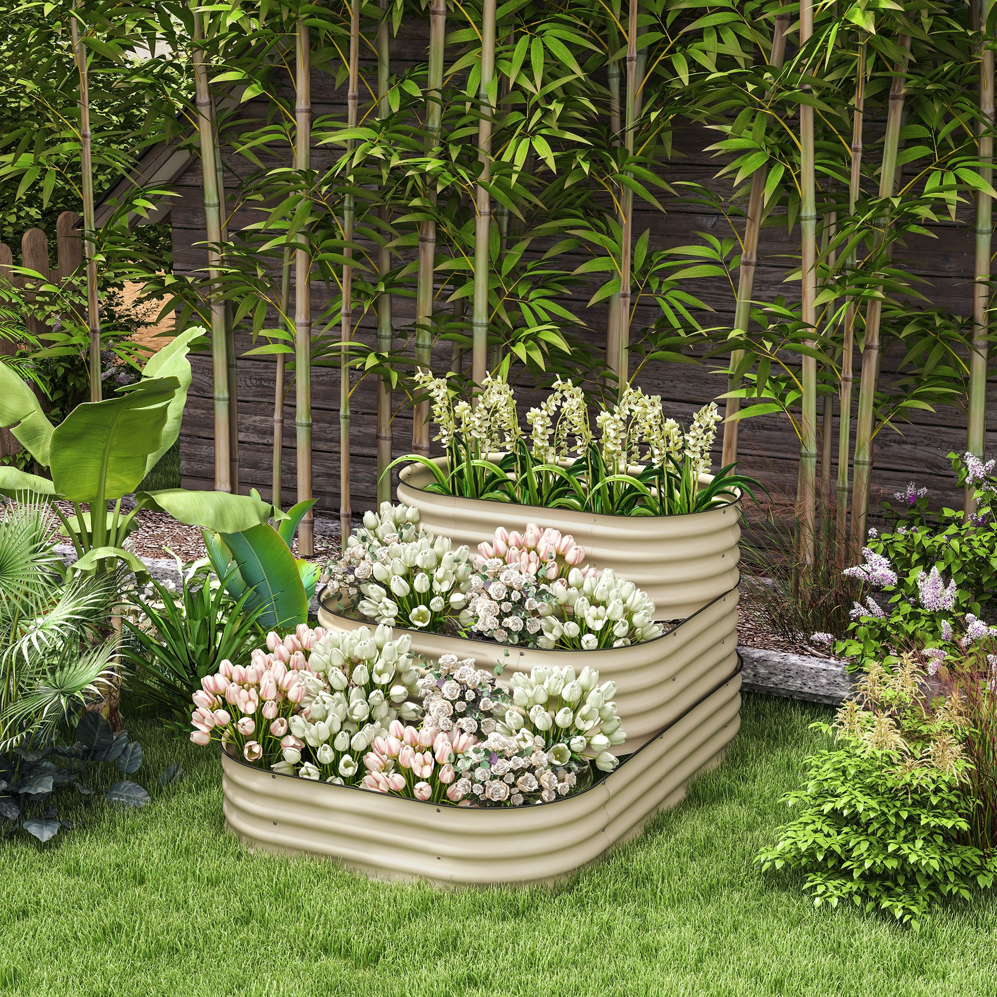 3-Tier Raised Garden Bed Set w/ Safety Edging, Open Bottom for Vegetables, Herbs, Flowers, 62.25" x 43" x 32.25", Cream