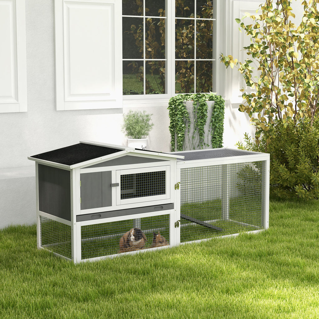 Rabbit Hutch 2-Story Bunny Cage, Guinea Pig Cage Indoor Outdoor, Small Animal House with Slide Out Tray, for Rabbits, Chickens, Ducks, 61.5" x 23" x 27", Light Gray