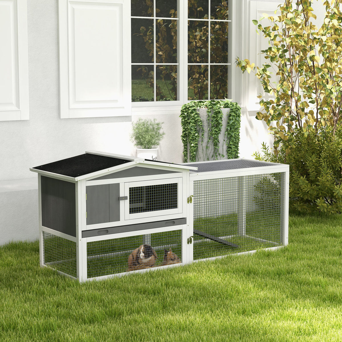 Rabbit Hutch 2-Story Bunny Cage, Guinea Pig Cage Indoor Outdoor, Small Animal House with Slide Out Tray, for Rabbits, Chickens, Ducks, 61.5" x 23" x 27", Light Gray