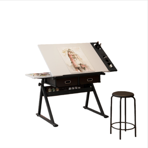 Adjustable Drafting Table Desk with Tilt Top, 2 Large Fabric Drawers, Drawing Desk with Side Pen Storage, 38.5" L x 23.5" W x 27" - 36" H, White