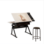 Adjustable Drafting Table Desk with Tilt Top, 2 Large Fabric Drawers, Drawing Desk with Side Pen Storage, 38.5" L x 23.5" W x 27" - 36" H, White