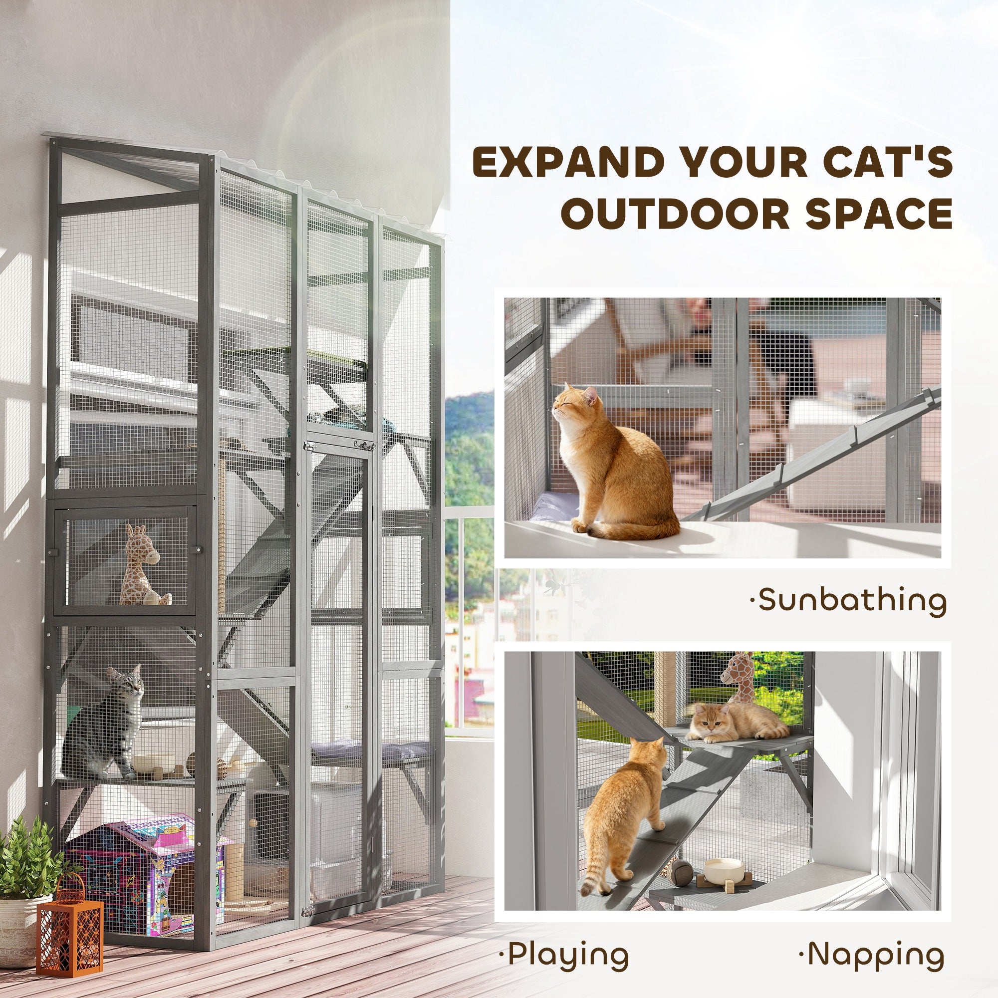 Outdoor Catio Cat Enclosure, Large Wooden Cat House with 6 Jumping Platforms, Scratching Post, 2 Ramps, for 2-3 Kittens