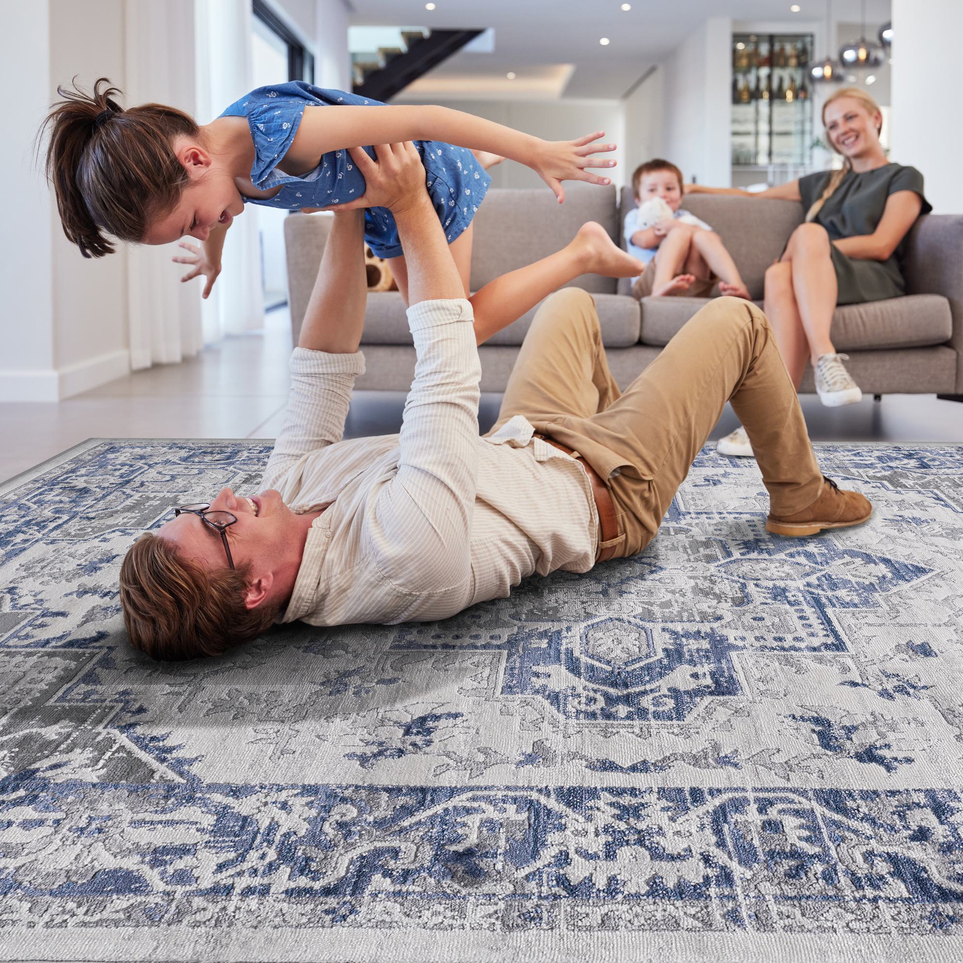 Naar 8x10 Stain-Resistant Area Rug with Cotton Backing, Medium Pile Height, Kid and Pet-Friendly Carpet, 120" L x 93" W x 0.35" H, Blue+Gray