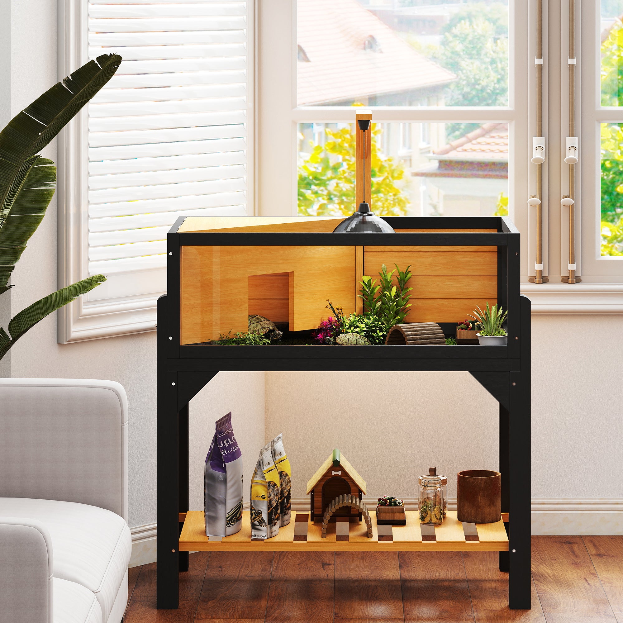 Wooden Tortoise Habitat with Storage Shelf, Tortoise Enclosure with Clear Windows, Openable Top, Lamp Holder, Yellow