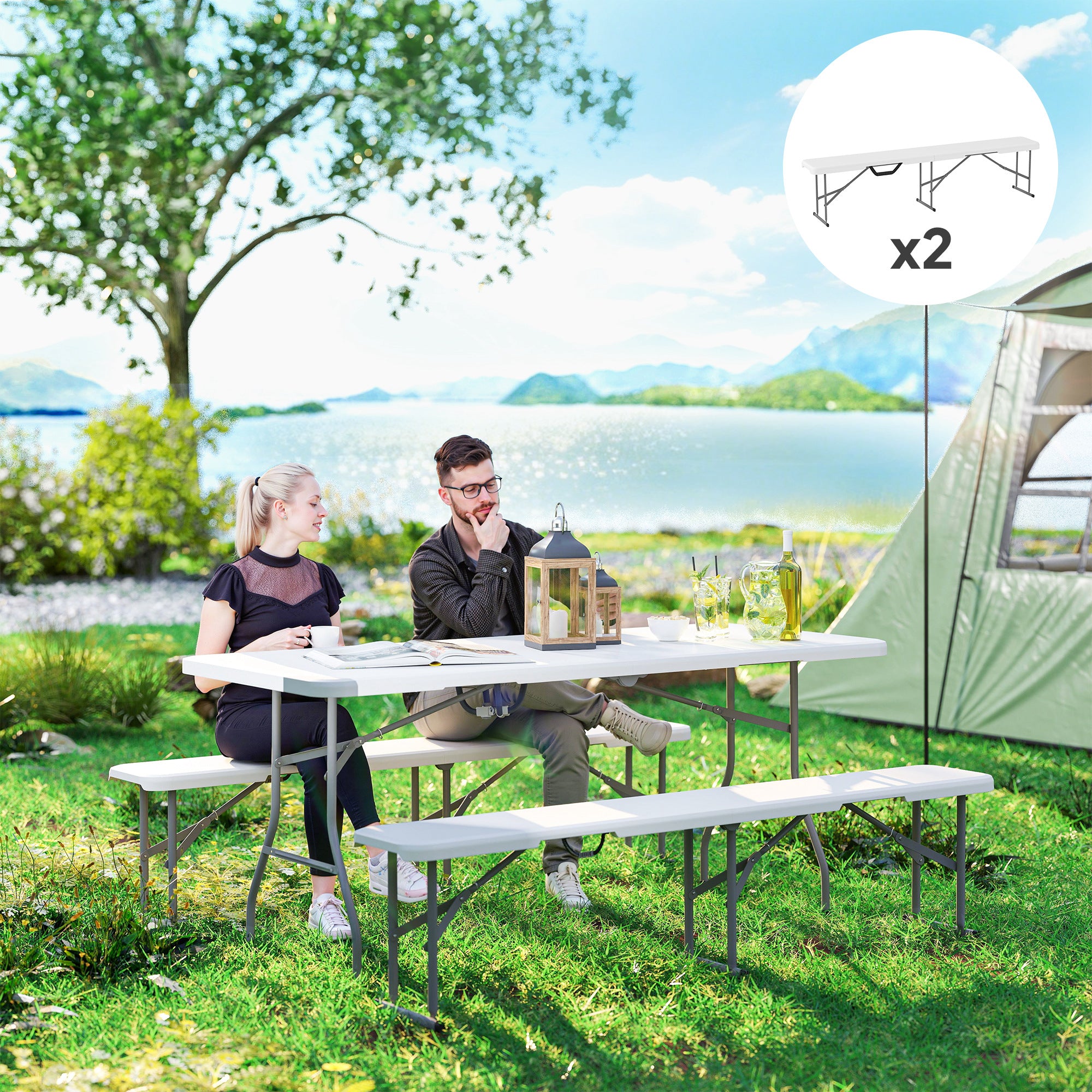 2 Pack 6 ft Portable Foldable Bench Seats, Plastic Folding Benches with Carrying Handle for Camping, White