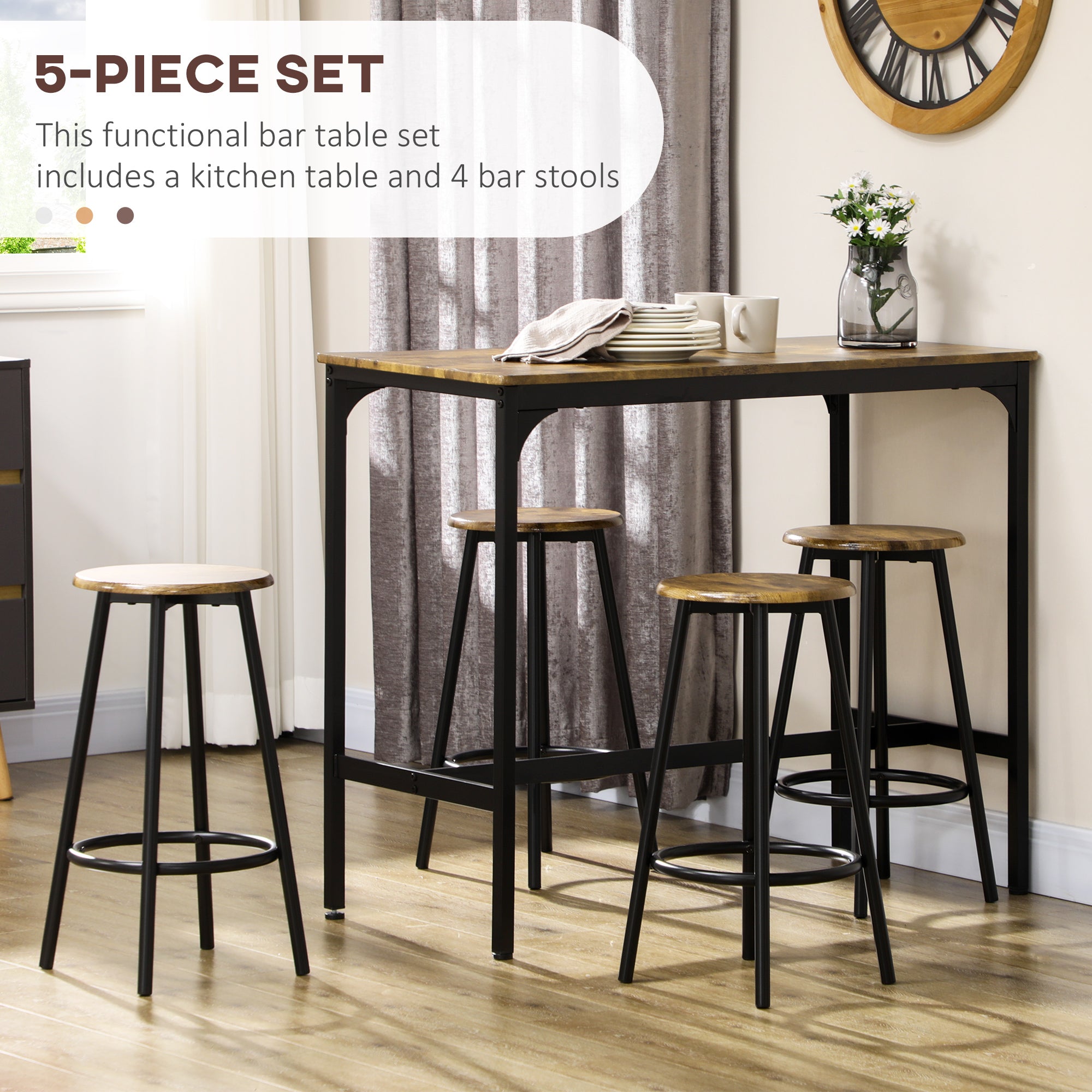 5-Piece Counter Height Bar Table and Chairs Set, Bar Table with Stools, Kitchen Table 4 Chairs, Rustic Brown