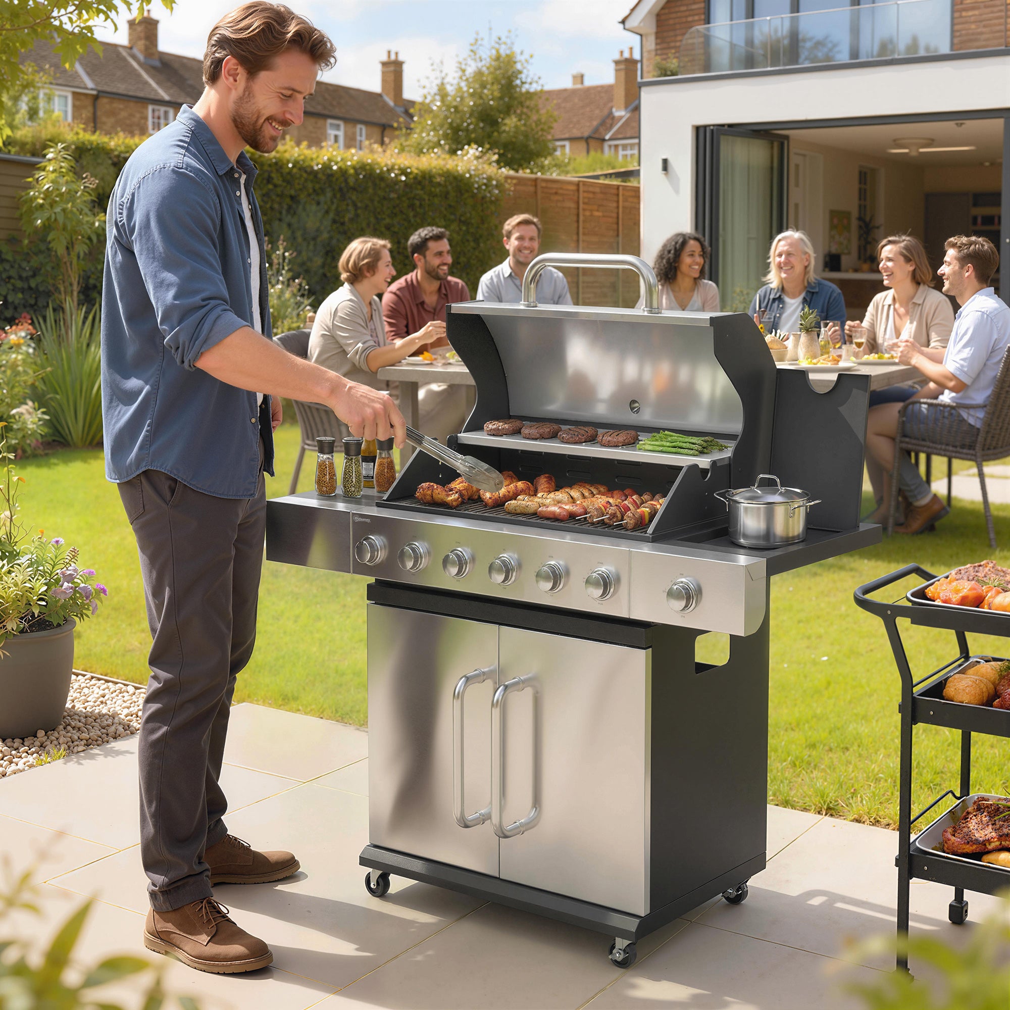 6 Burner Propane Gas Grill with Side Burner, Barbecue Grill with Cast Iron Grates, Wheels, Side Tables, Cabinet