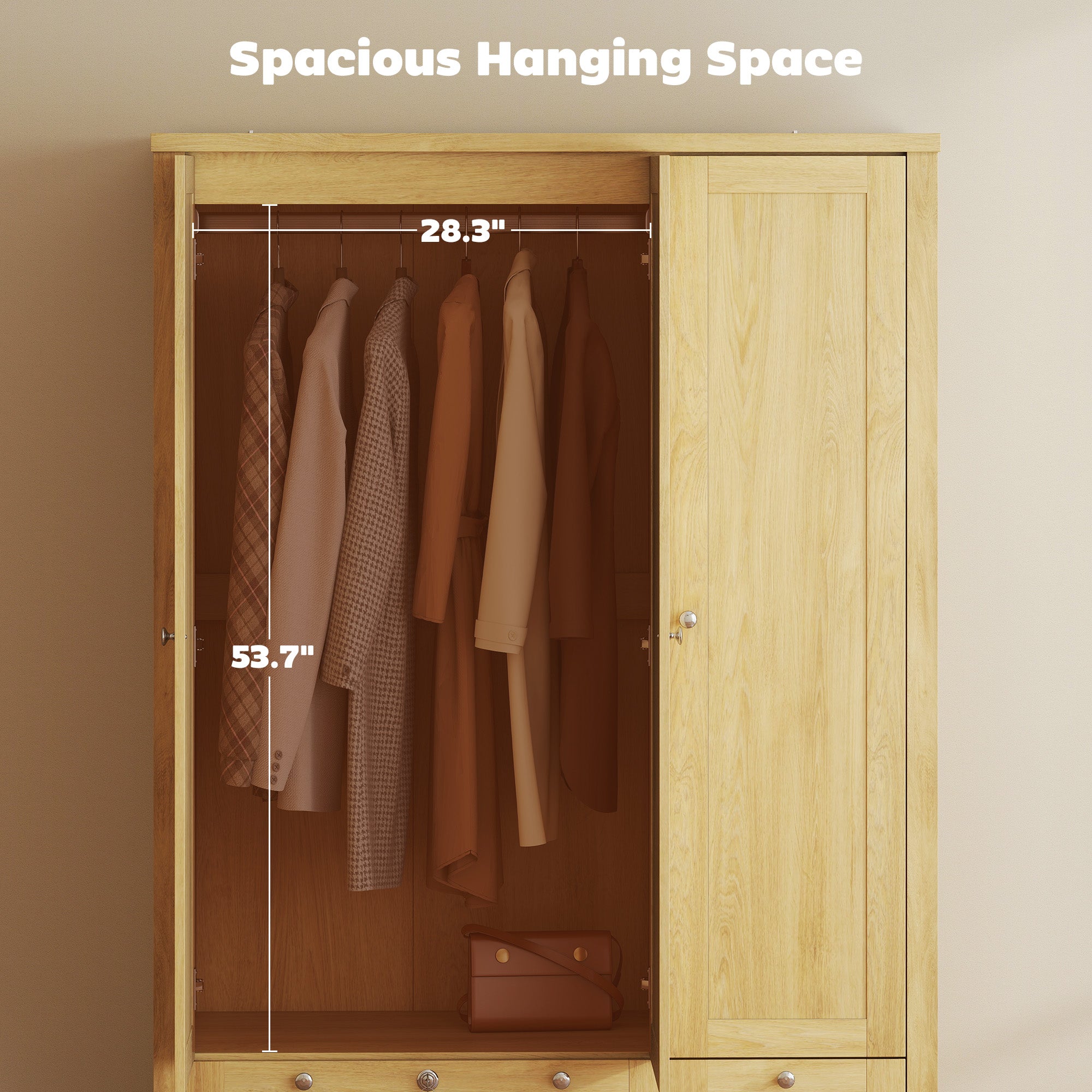 3 Doors Wardrobe Closet with 2 Drawers, Bedroom Armoire with Lockable Drawer, Hanging Rod and Storage Shelves, Natural